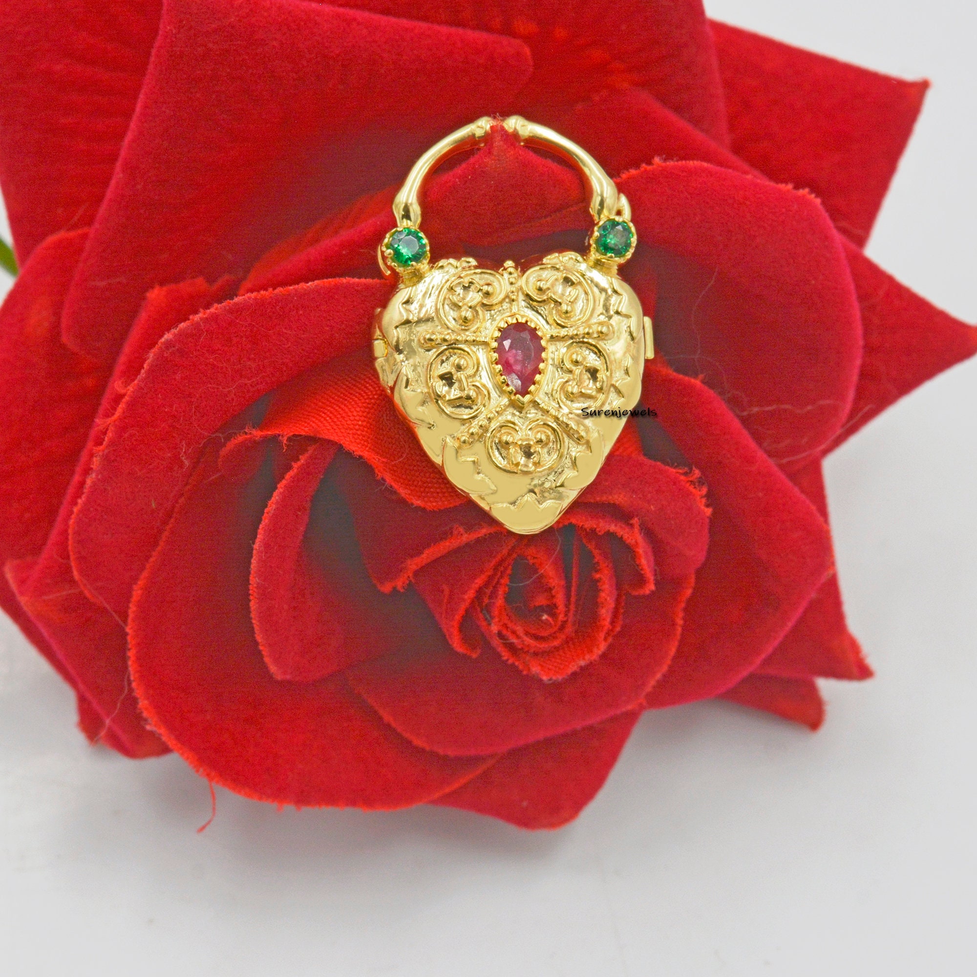 14K Gold Multi Gemstone Heart Padlock: Designer Locket - View 6 - Suren Jewels | SKU: SJP85-SLYGCZRUGO-N47-18I
