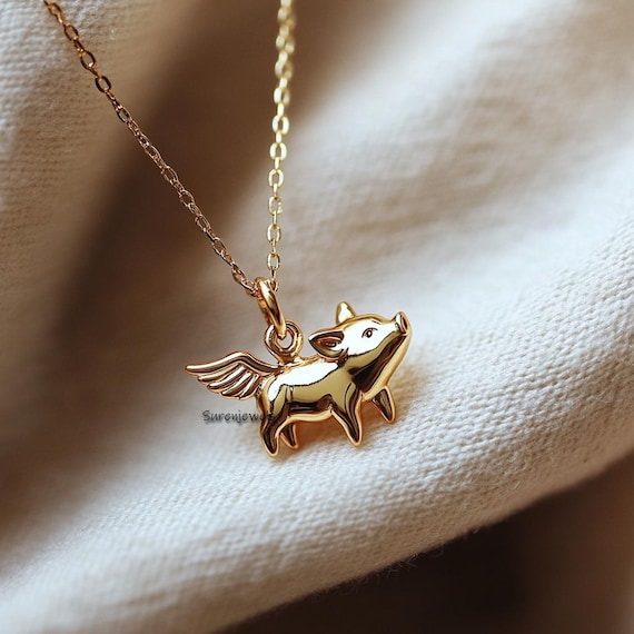 14k Gold Flying Pig Pendant: Solid Gold Animal Jewelry