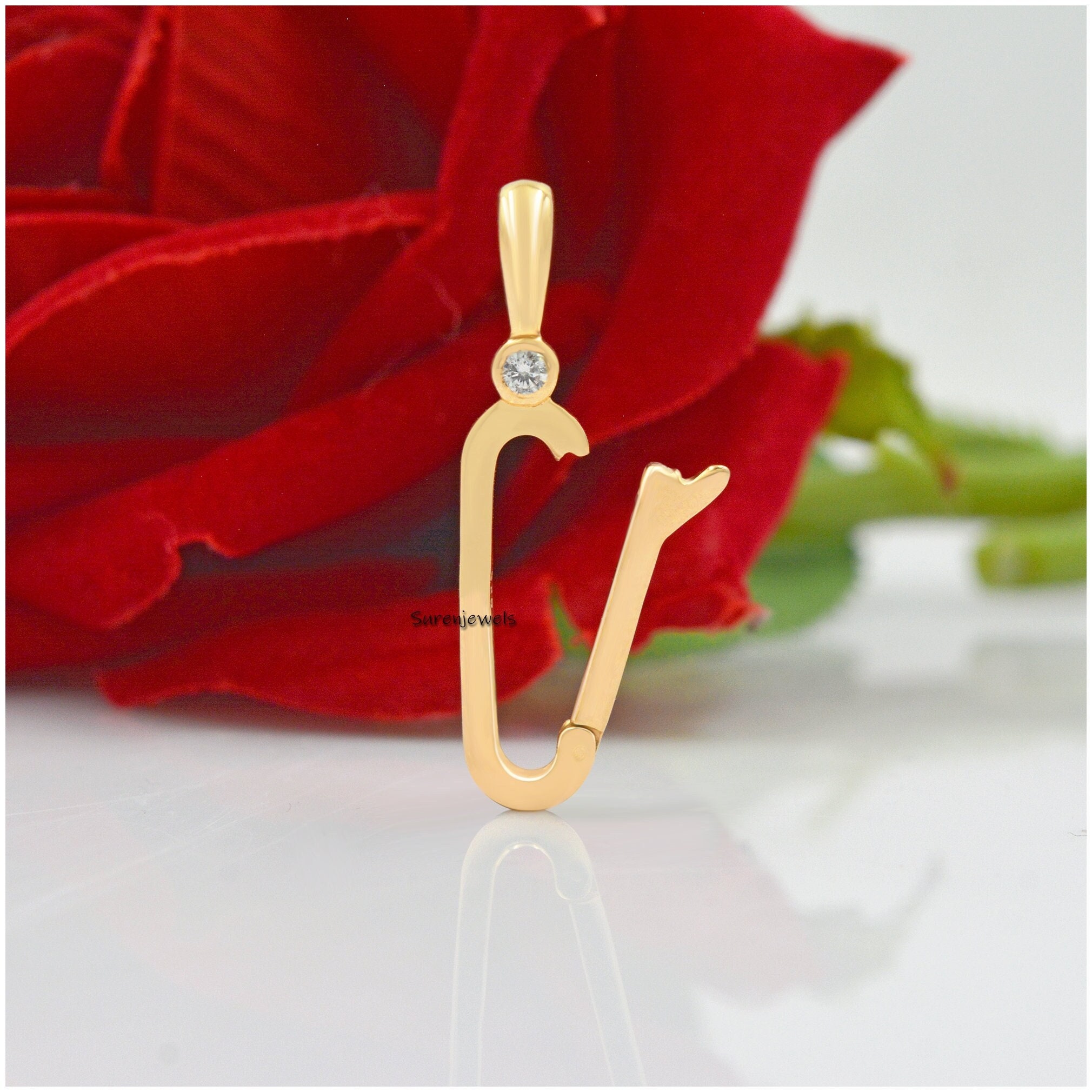 14K Yellow Gold Charm Holder Connector: White Topaz Push Lock - View 2 - Suren Jewels | SKU: SJP1212-SLYGMN-34M
