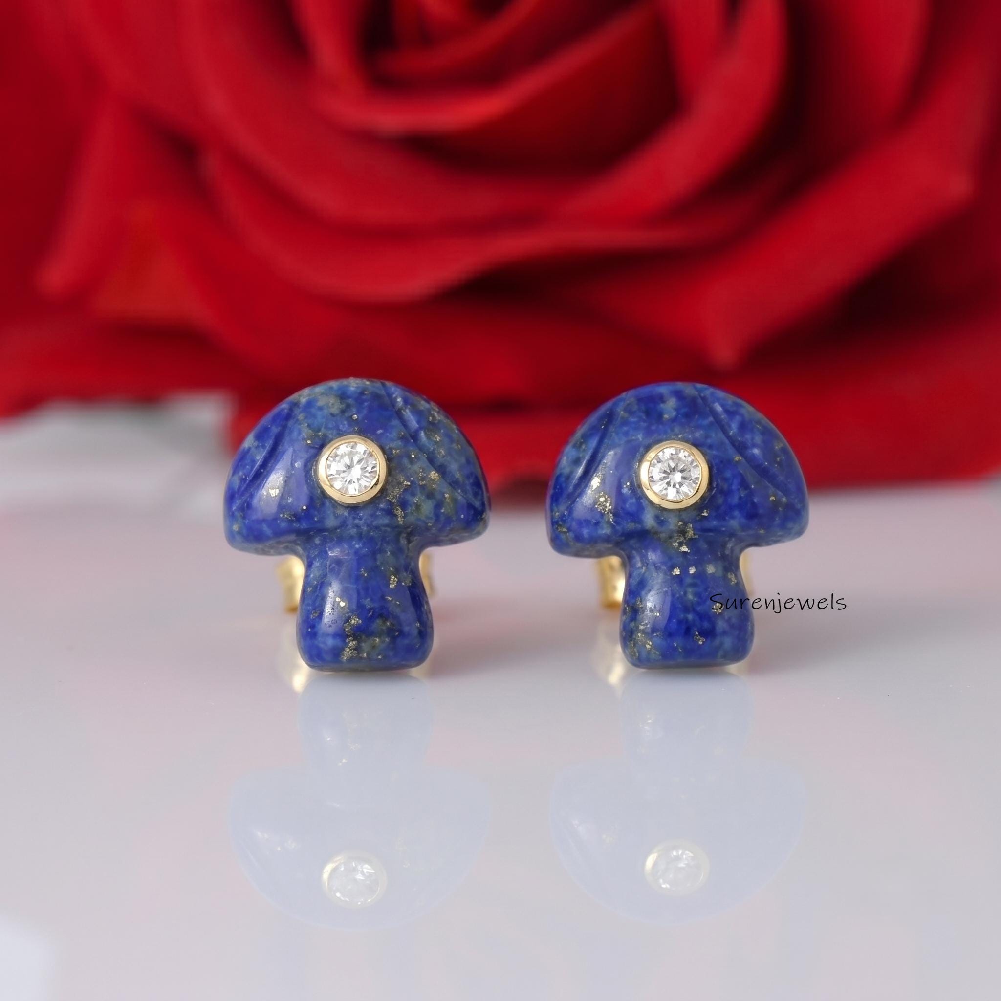 14k Gold Gemstone Mushroom Studs Earrings, Carving Magic Mushroom studs, Handmade Mushroom Stud, Designer Mushroom studs - Vi