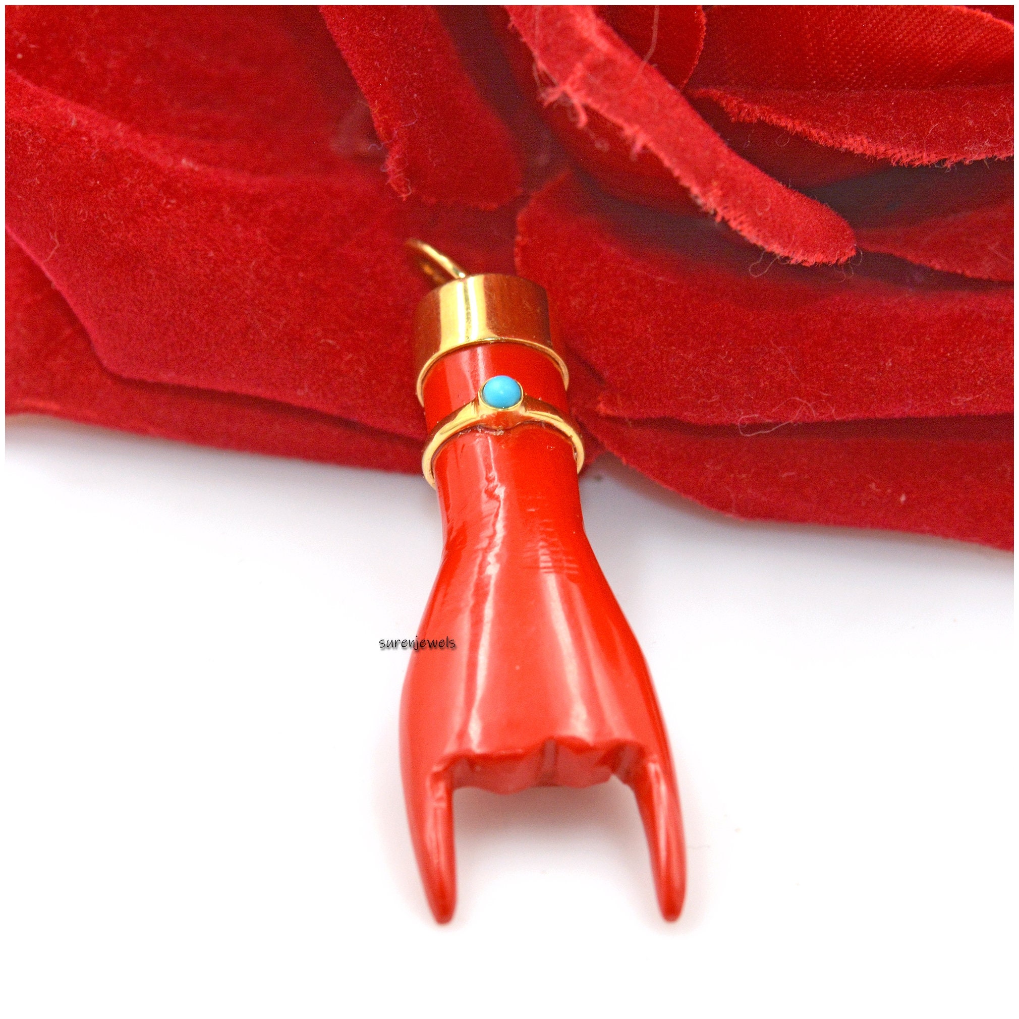 Sterling Silver Figa Hand Pendant: Coral & Turquoise Gemstone Charm - View 2 - Suren Jewels | SKU: SJP1049-SLNSMSTQ