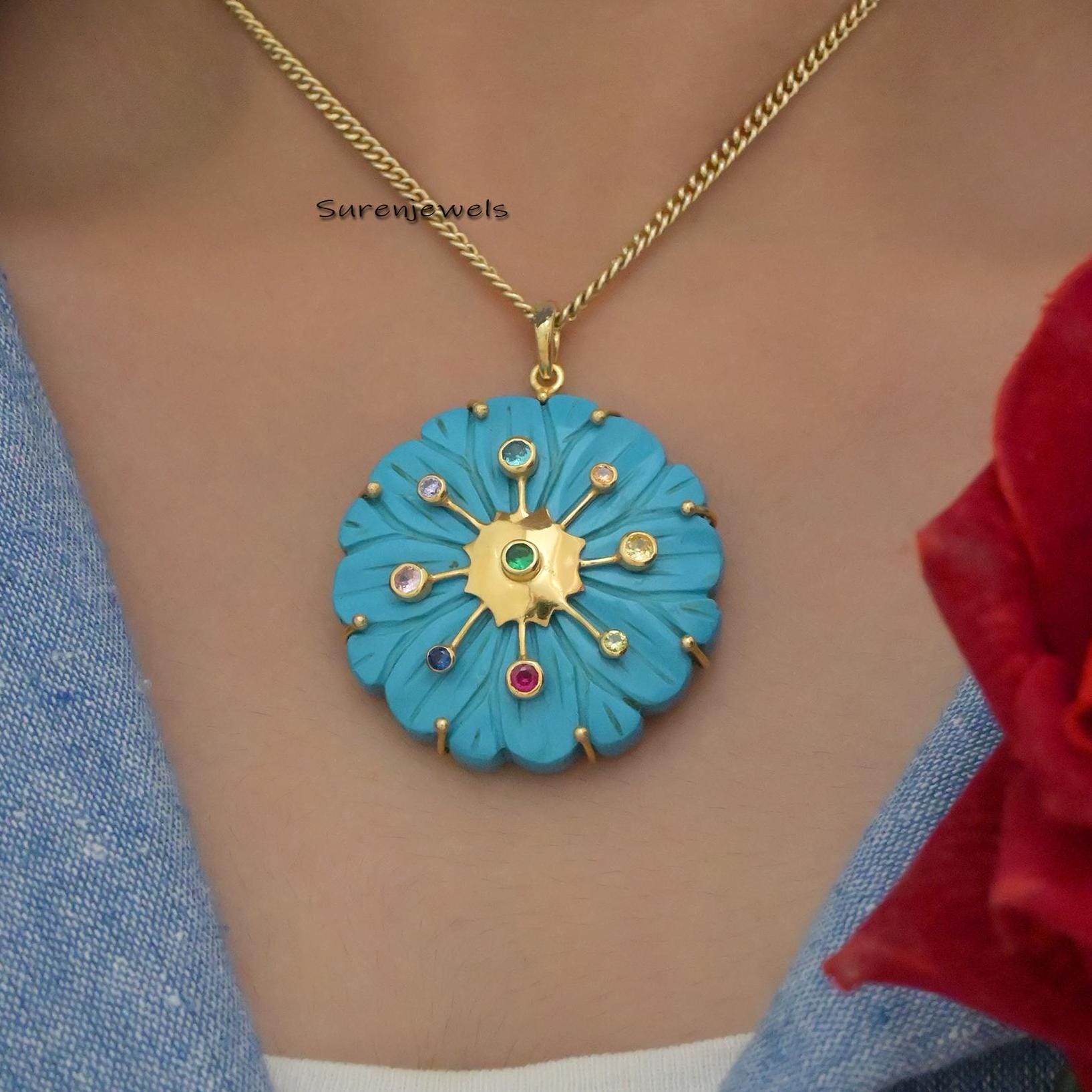 Hand Carved 14K Gold Flower Pendant: Gemstone Accent - View 7 - Suren Jewels | SKU: SJP1601