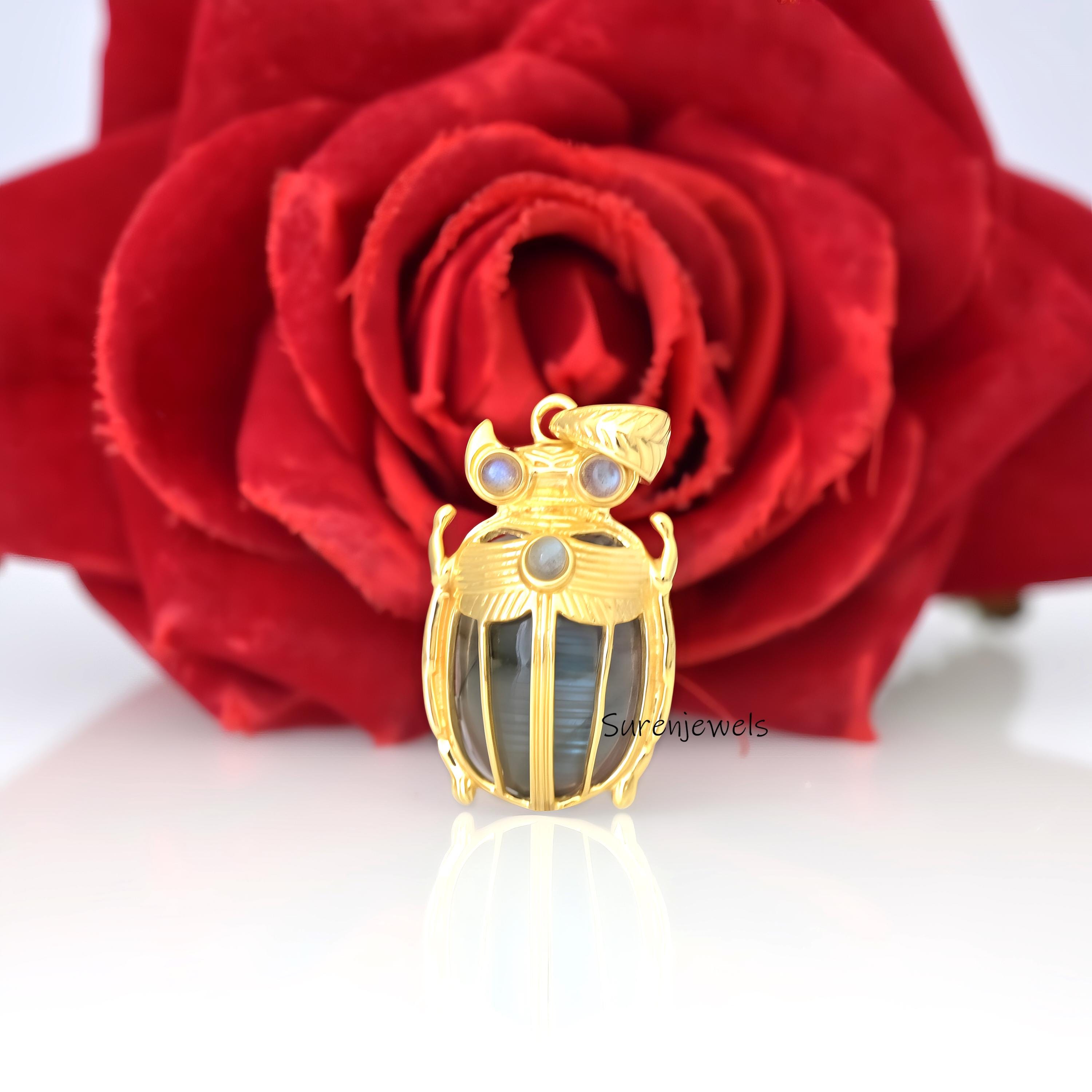 14K Gold Scarab Pendant: Hand Carved Amulet Charm - Suren Jewels | SKU: SJP4191-SLYGLPZ-35M,SJP4192-SLYGLPZ-35M,SJP4193-SLYGL