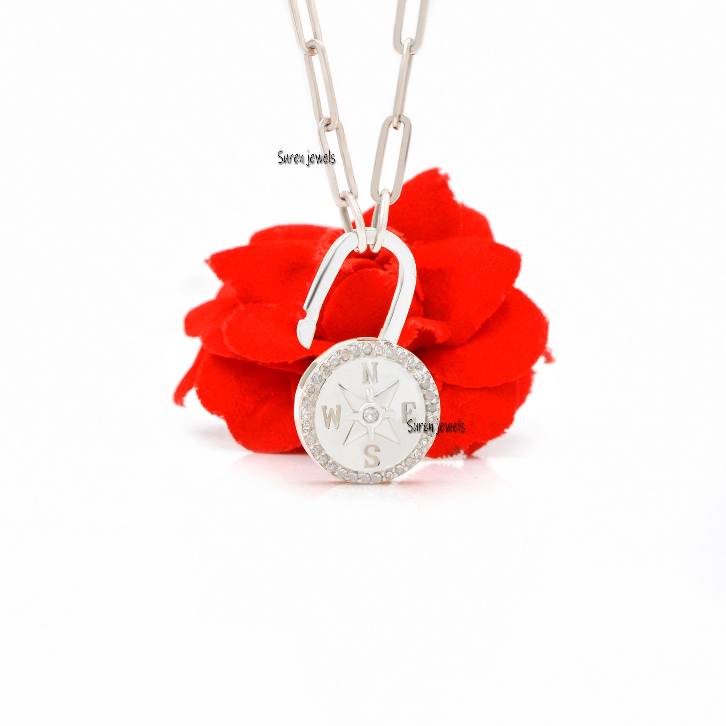 Diamond Compass Charm Lock: 925 Silver Gemstone Padlock Pendant - View 3 - Suren Jewels | SKU: SJP889-SLWGDI