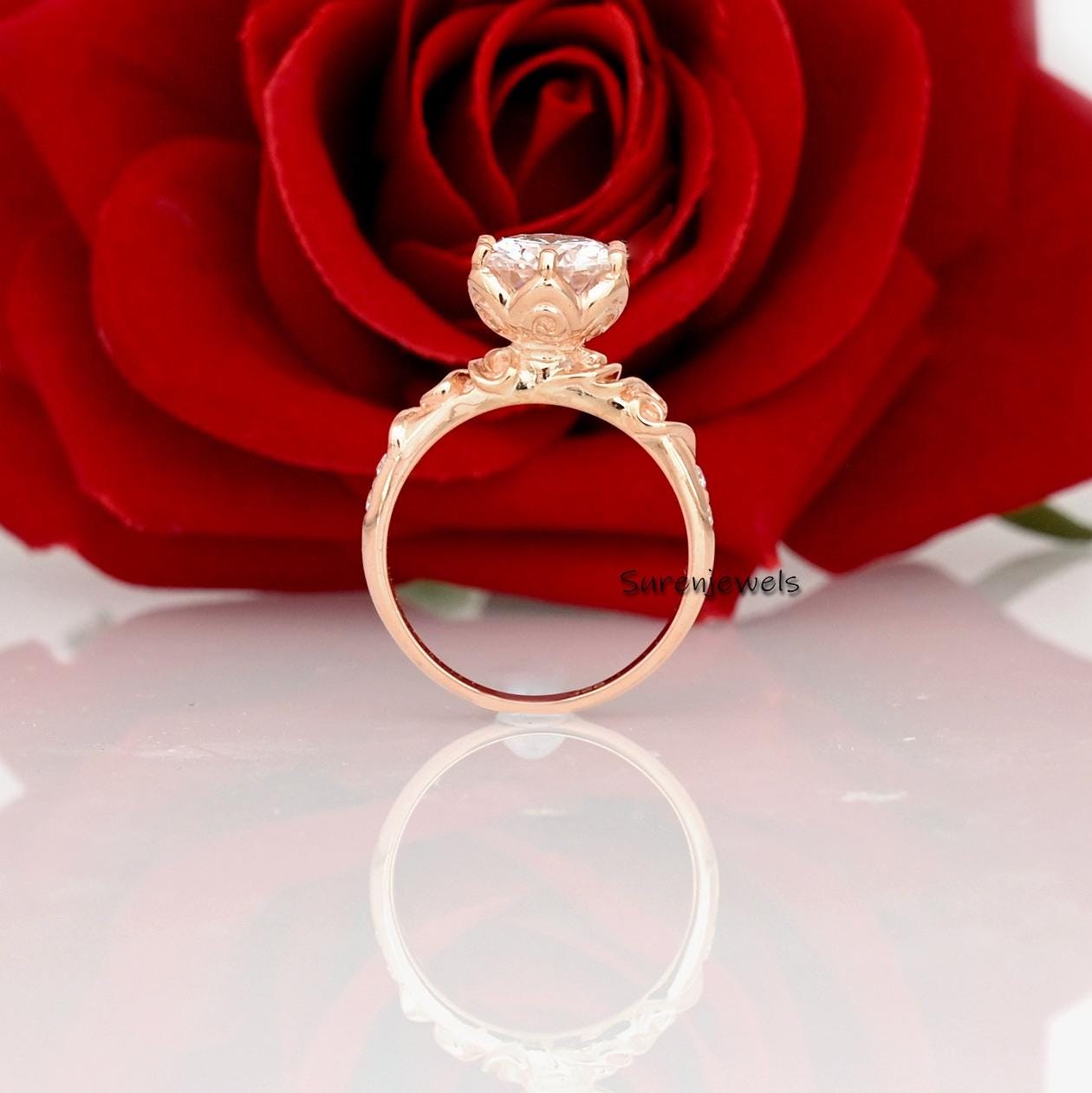 Handmade Solitaire Moissanite Engagement Ring: 14k Gold Floral Band - Suren Jewels | SKU: SJR2537