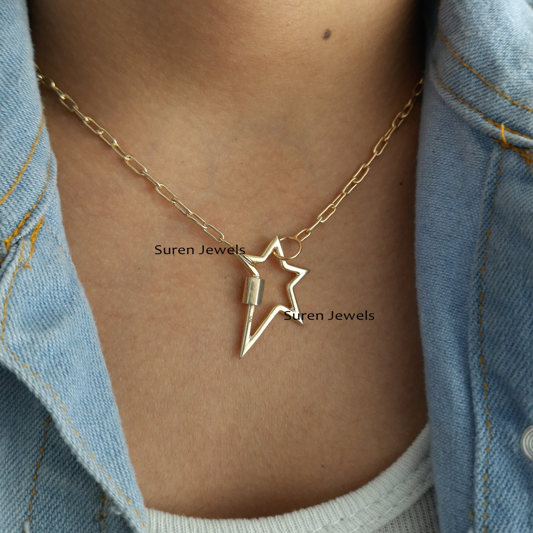 925 Silver Star Carabiner Lock Pendant: Handmade Jewelry - View 7 - Suren Jewels | SKU: SPC20-SLYG-N36-18I