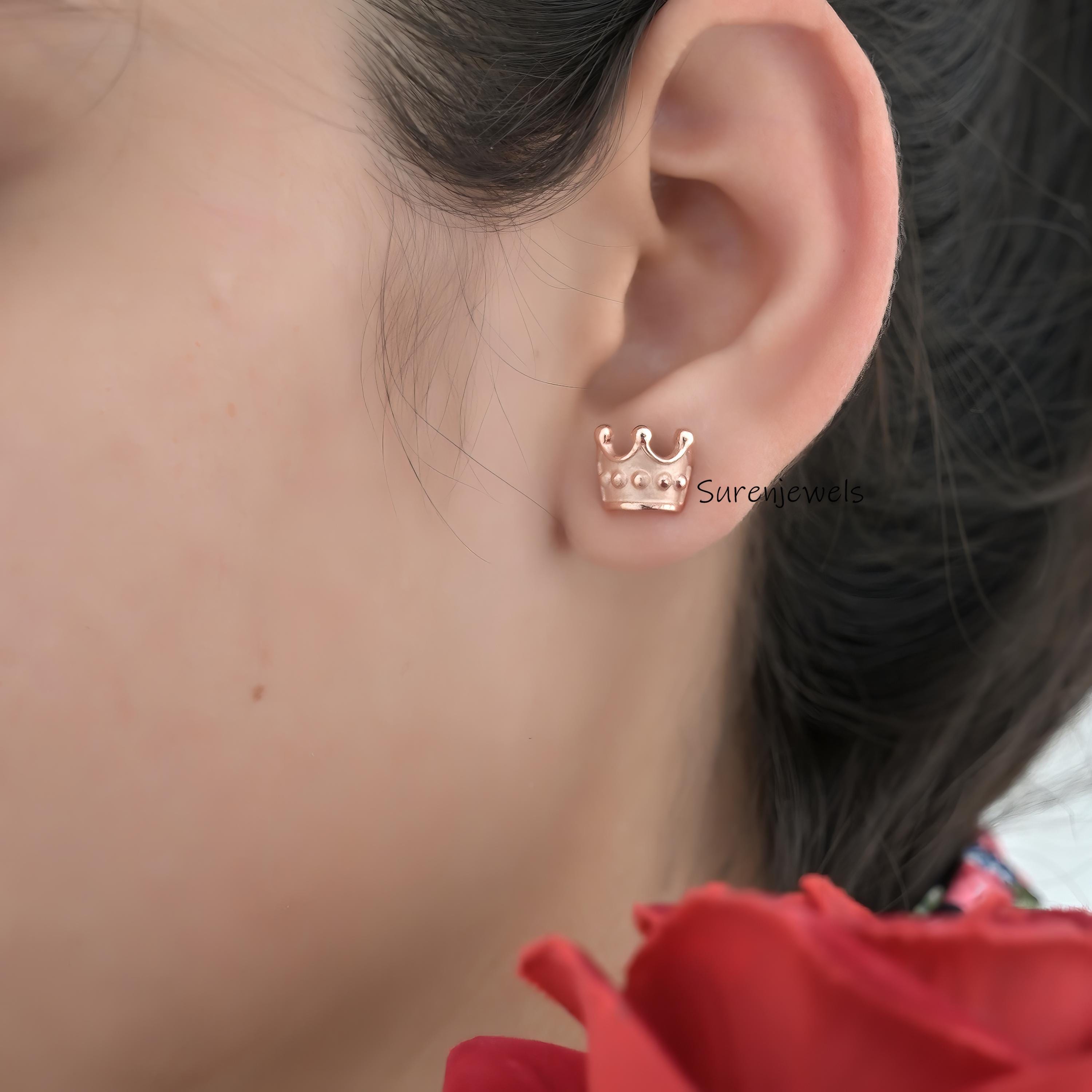 14k Gold Crown Stud Earrings: Princess Tiara Jewelry - View 2 - Suren Jewels | SKU: SJE1686-SLYG-10M