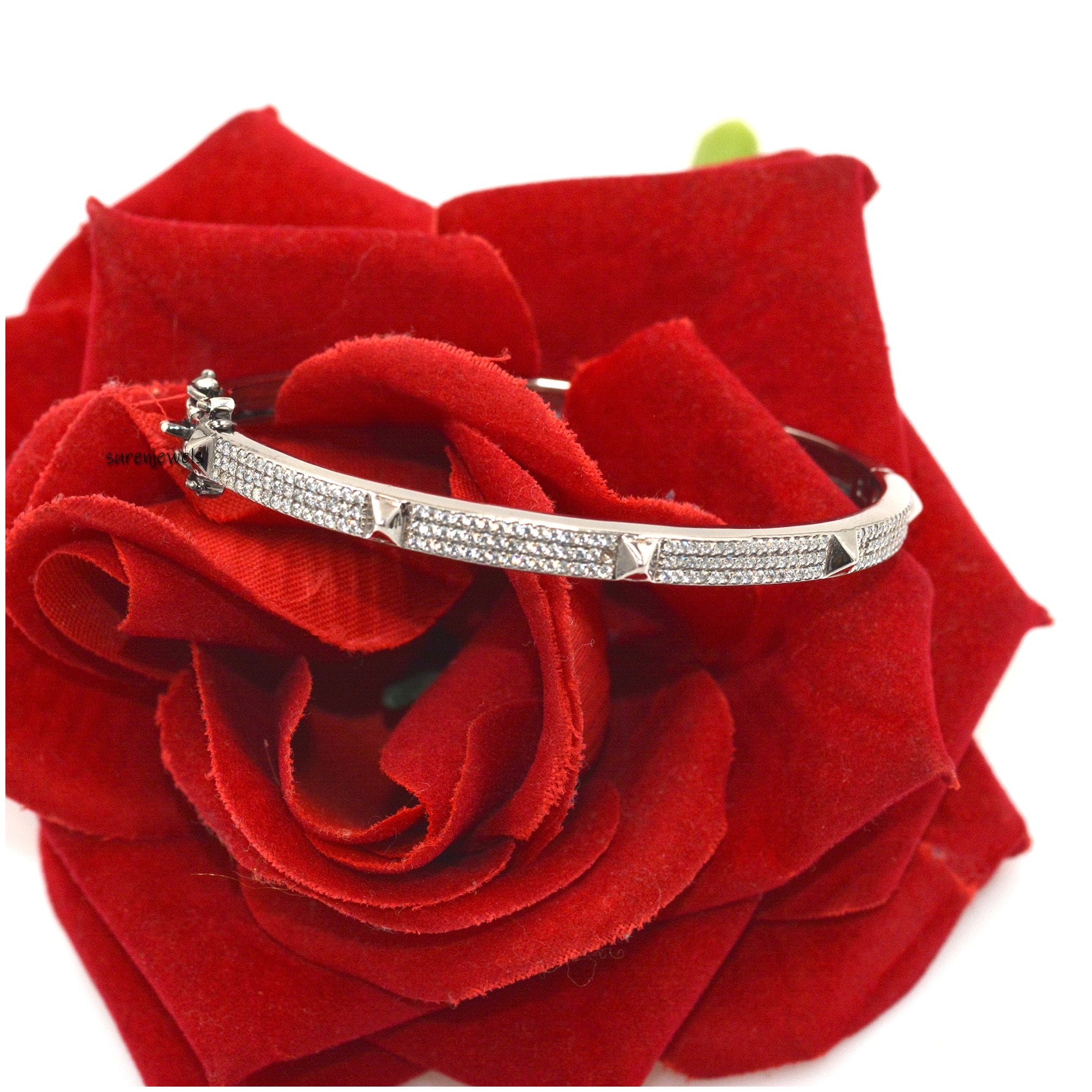 925 Silver Pyramid Spike Bangle: Diamond Accent - Suren Jewels | SKU: SJB65-SLYGCZ-6I