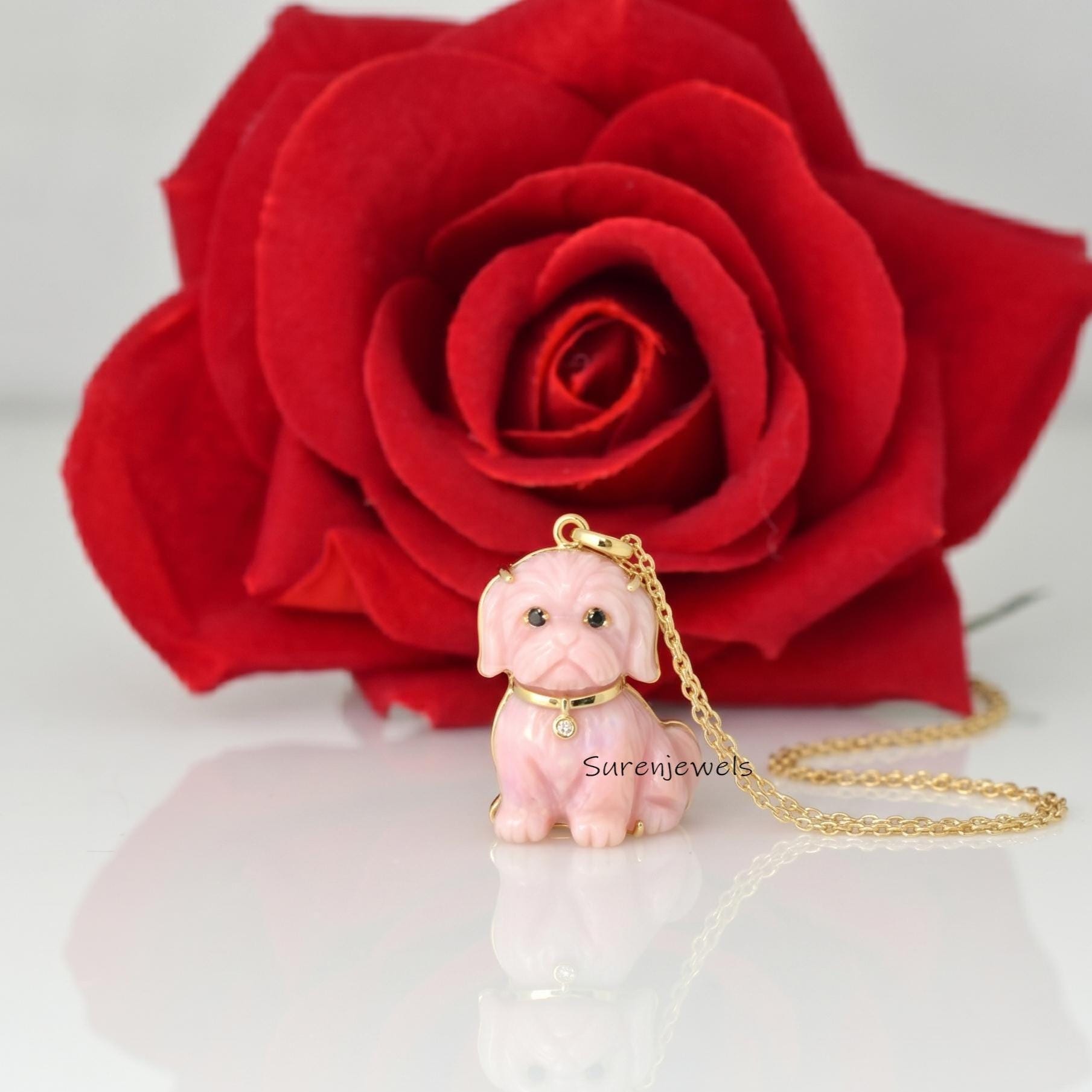 14K Gold Carved Shih Tzu pendant, Gemstone Shih Tzu Pendant, Handmade Shih Tzu pendant, Gemstone Animal Jewelry - Suren Jewel