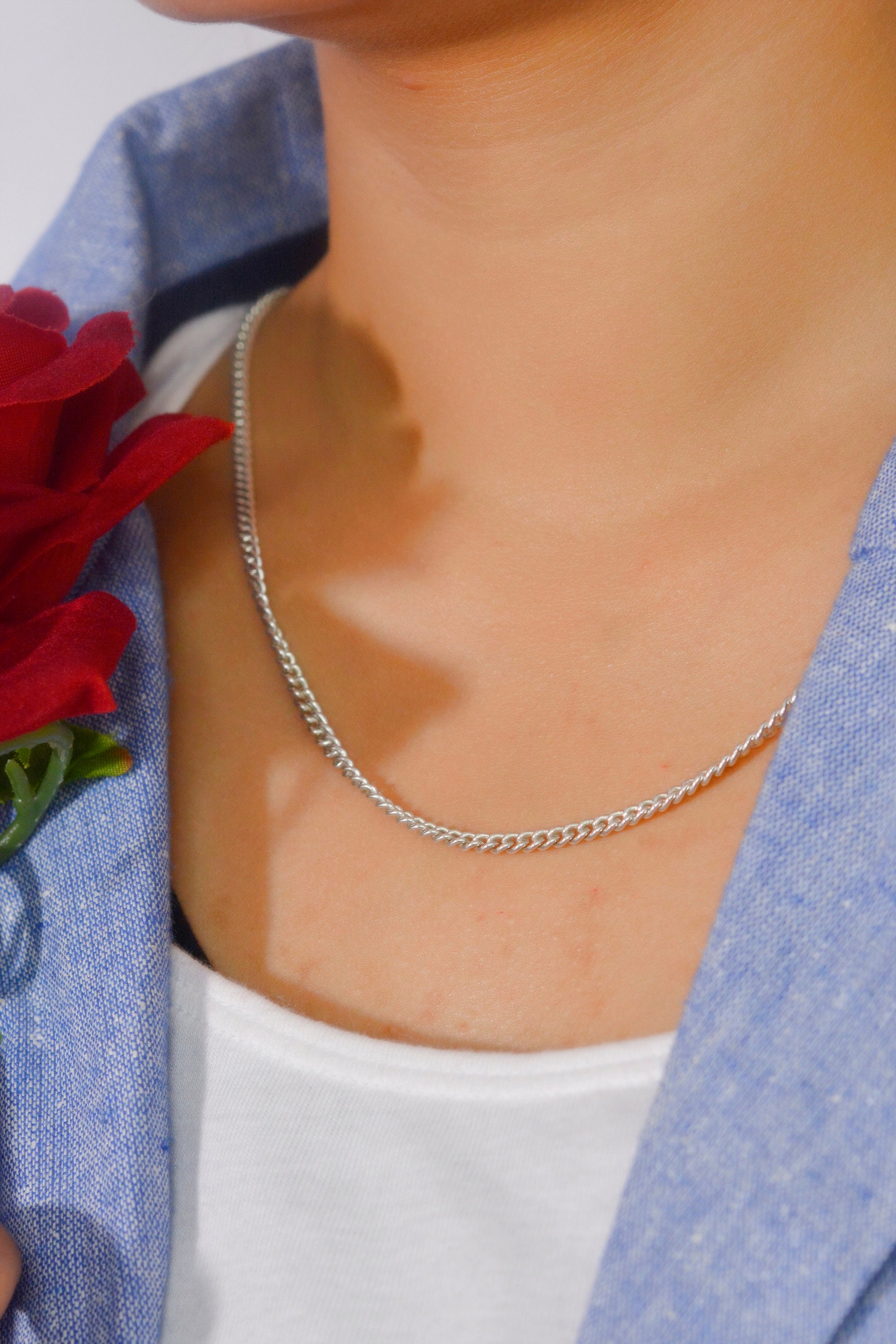 Sterling Silver 3mm Curb Chain Necklace: Carabiner Lock Jewelry - View 4 - Suren Jewels | SKU: SJN234/G17-SLOX