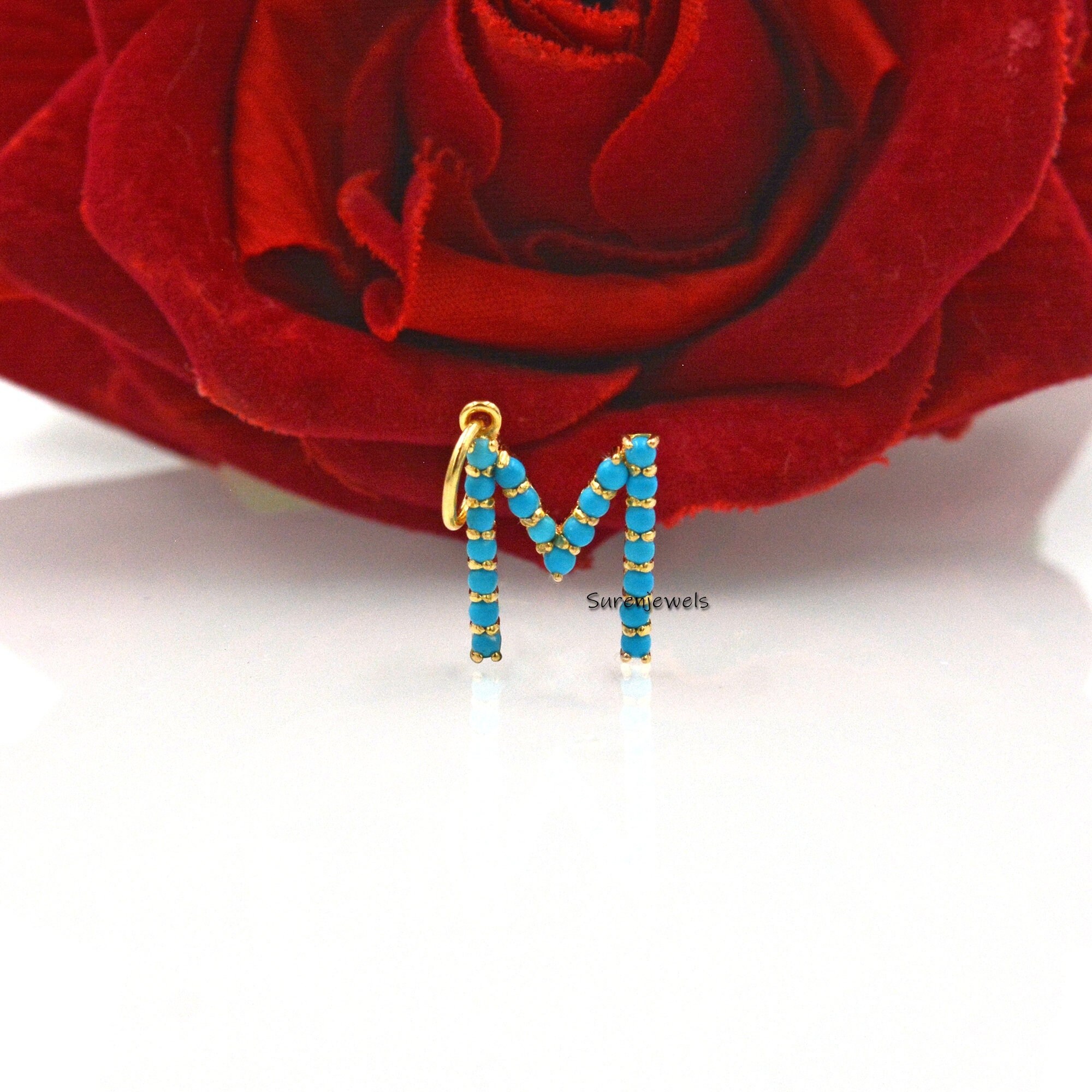 925 Silver Turquoise Letter Pendant: Custom Alphabet Charm - View 3 - Suren Jewels | SKU: SJP87-SLNSTQ-N-N41-18I