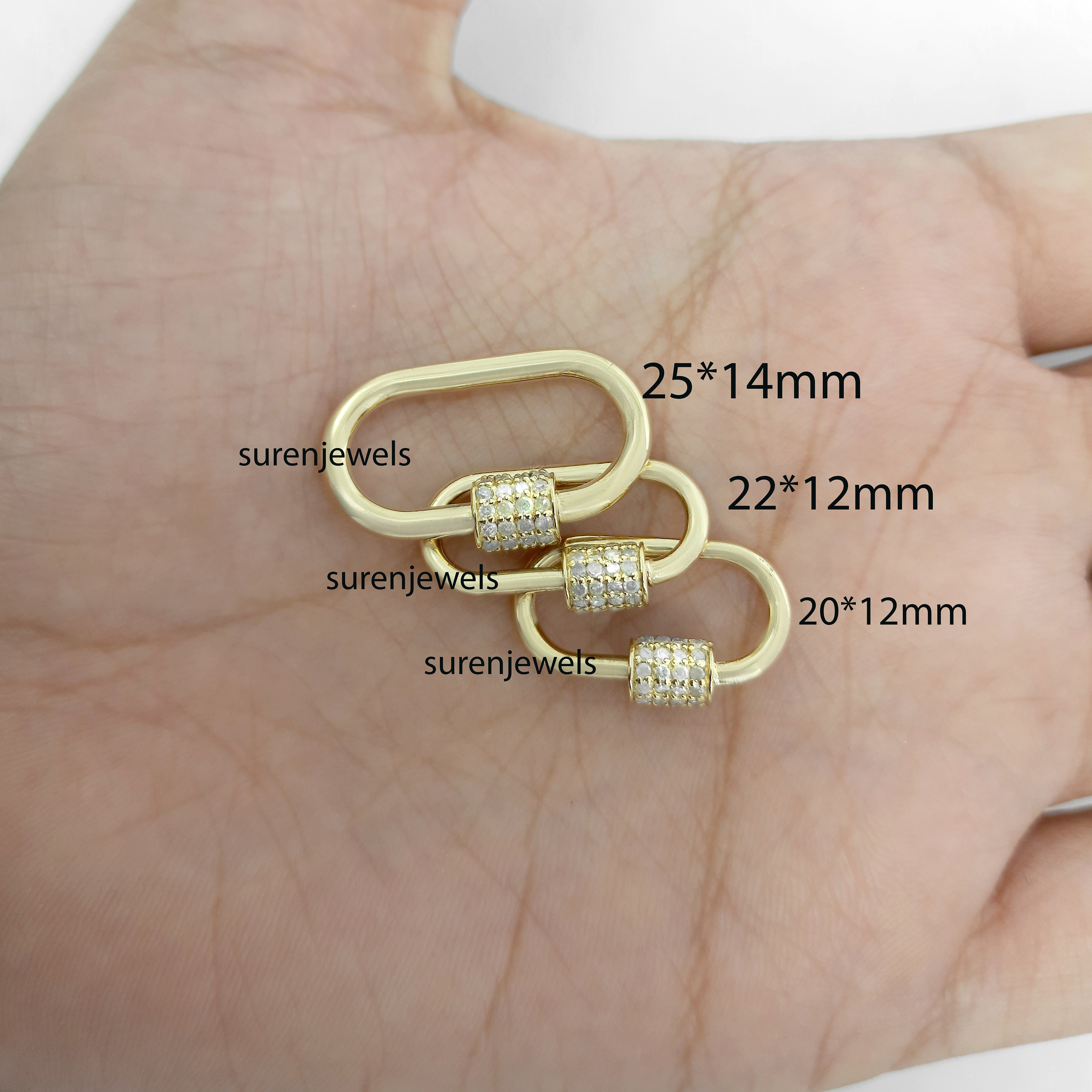 Diamond 925 Silver Carabiner Lock: Gold Screw Oval Jewelry Supplier - View 4 - Suren Jewels | SKU: SJC05-SLYGDI-20M