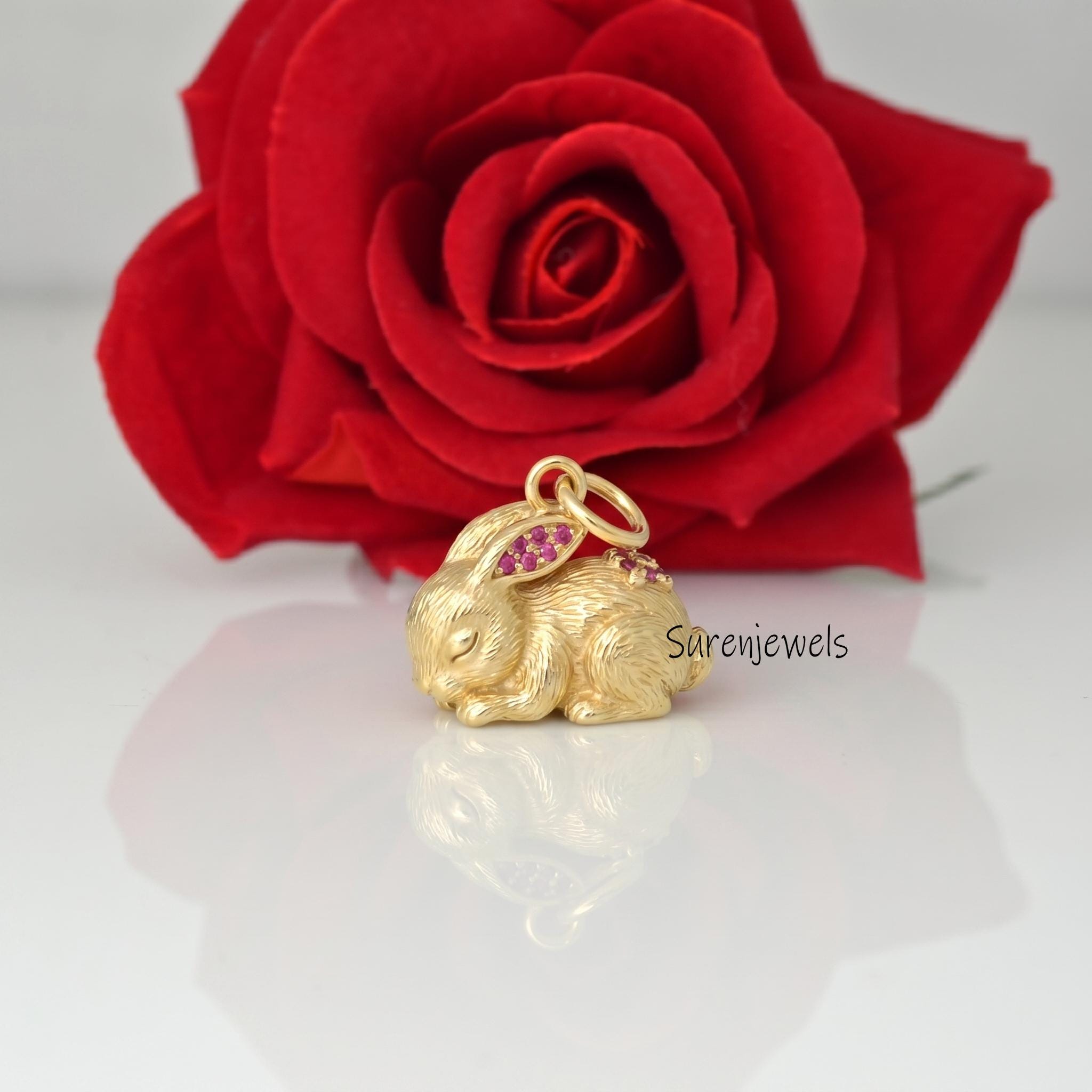 14K Gold Rabbit Bunny Pendant, Gold Textured Bunny Rabbit Pendant, Gold Animal Jewelry, Rabbit Charm, Designer Rabbit Pendant