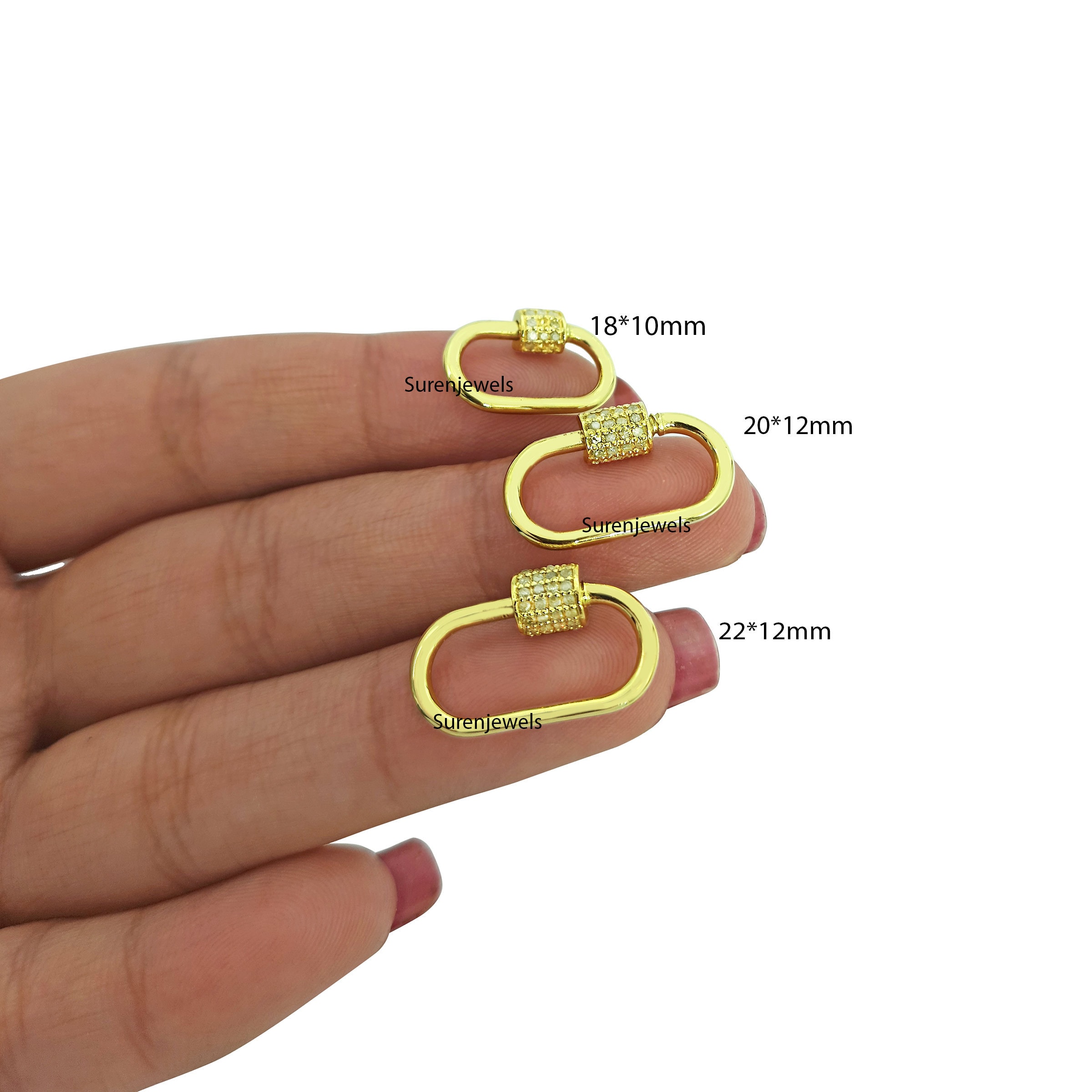9K Gold Diamond Carabiner Lock: Solid Gold Pave Jewelry - View 2 - Suren Jewels | SKU: SJC131-9KYGDI-18M