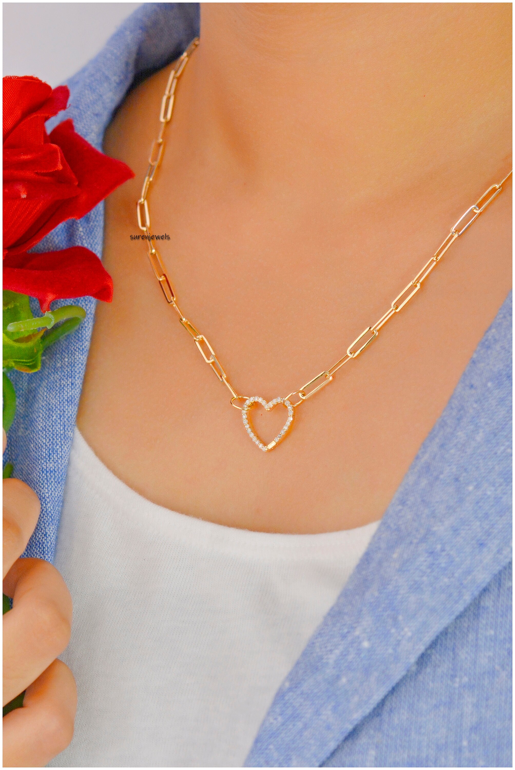 Diamond Heart 14K Gold Charm Enhancer: Thick Link Pendant (15mm) - View 2 - Suren Jewels | SKU: SJP536-14KYGDI-N47-18I