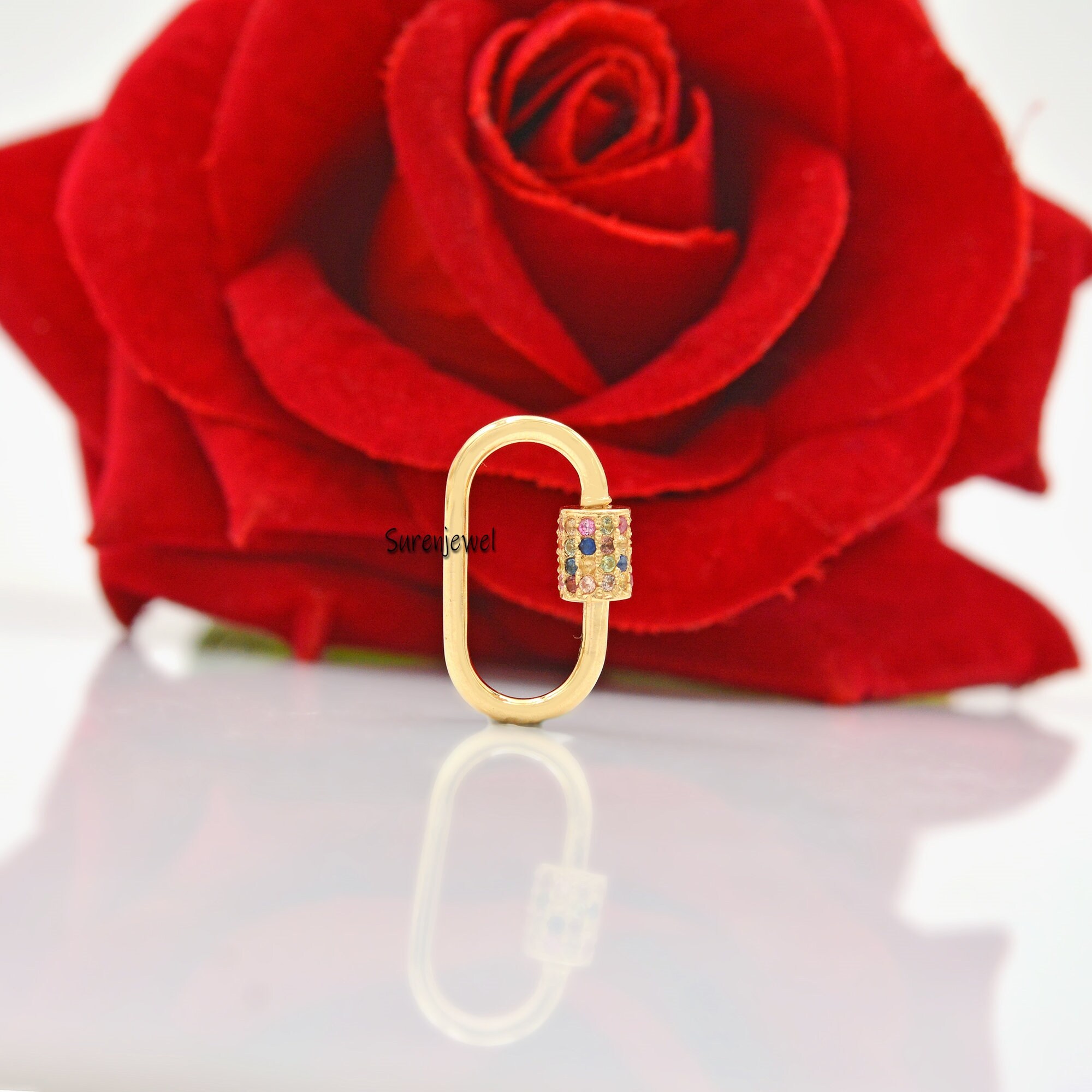 14k Gold Carabiner Lock with Multi Sapphire Accent - View 4 - Suren Jewels | SKU: SJC132-14KYGMT