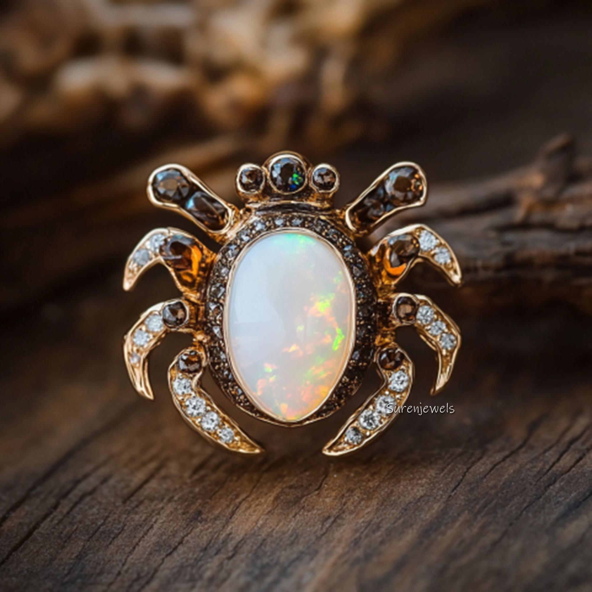 Opal Beetle Earrings, Unique Insect Statement Earrings, Gold Gemstone Bug Earrings, Nature Inspired Jewelry, Luxury Statement