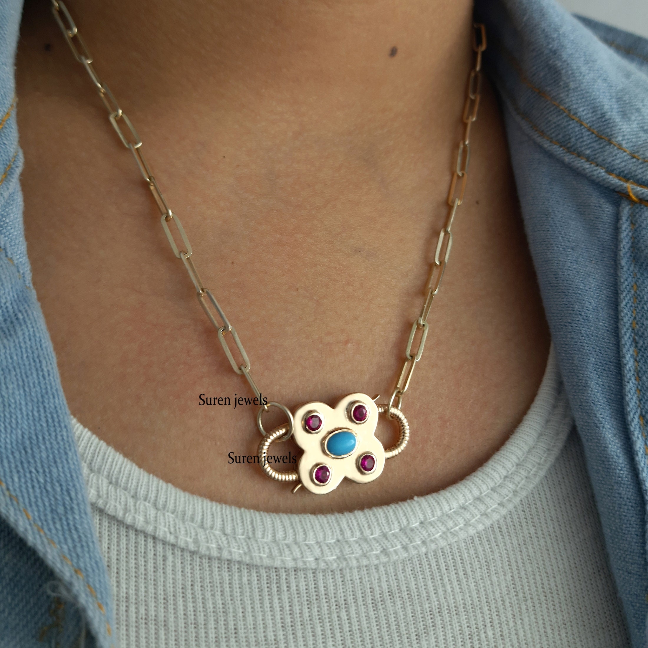 Handmade 14k Gold Plated Turquoise Padlock Pendant: Openable Jewelry - View 4 - Suren Jewels | SKU: SJP65-SLYGTQPO-N47-18I-92