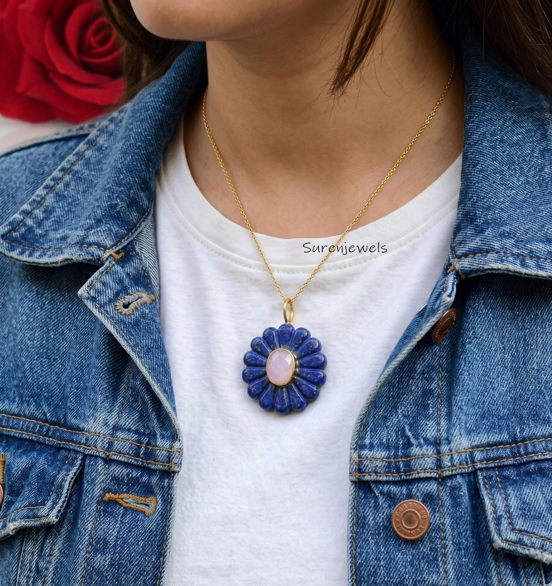 14K Hand Carving Flower, 14K Carved Designer Flower Pendant, 14K Gold Gemstone Flower Pendant, Gemstone Flower Charm, Gold Fl