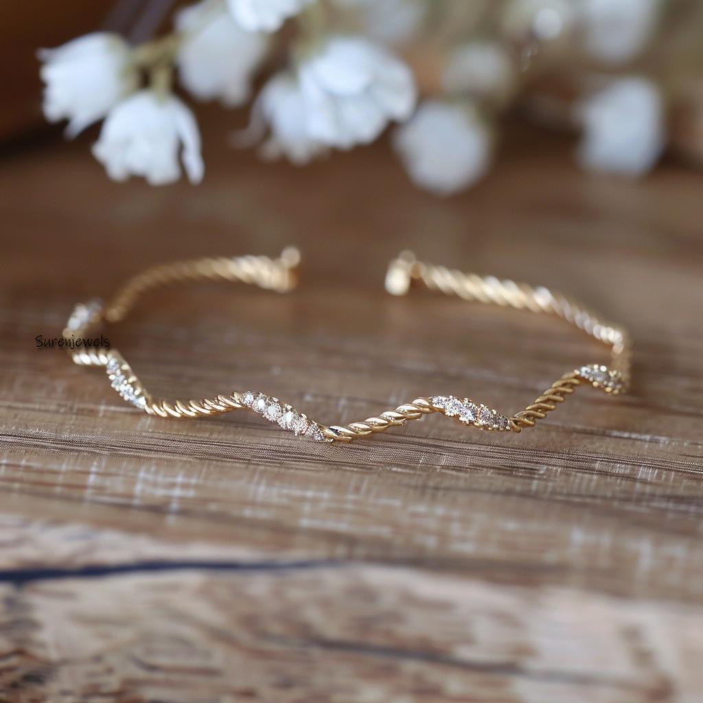 14k Gold Diamond Wavy Bangle: Zig Zag Cuff - View 2 - Suren Jewels | SKU: SJB327-SLYGCZ-7I