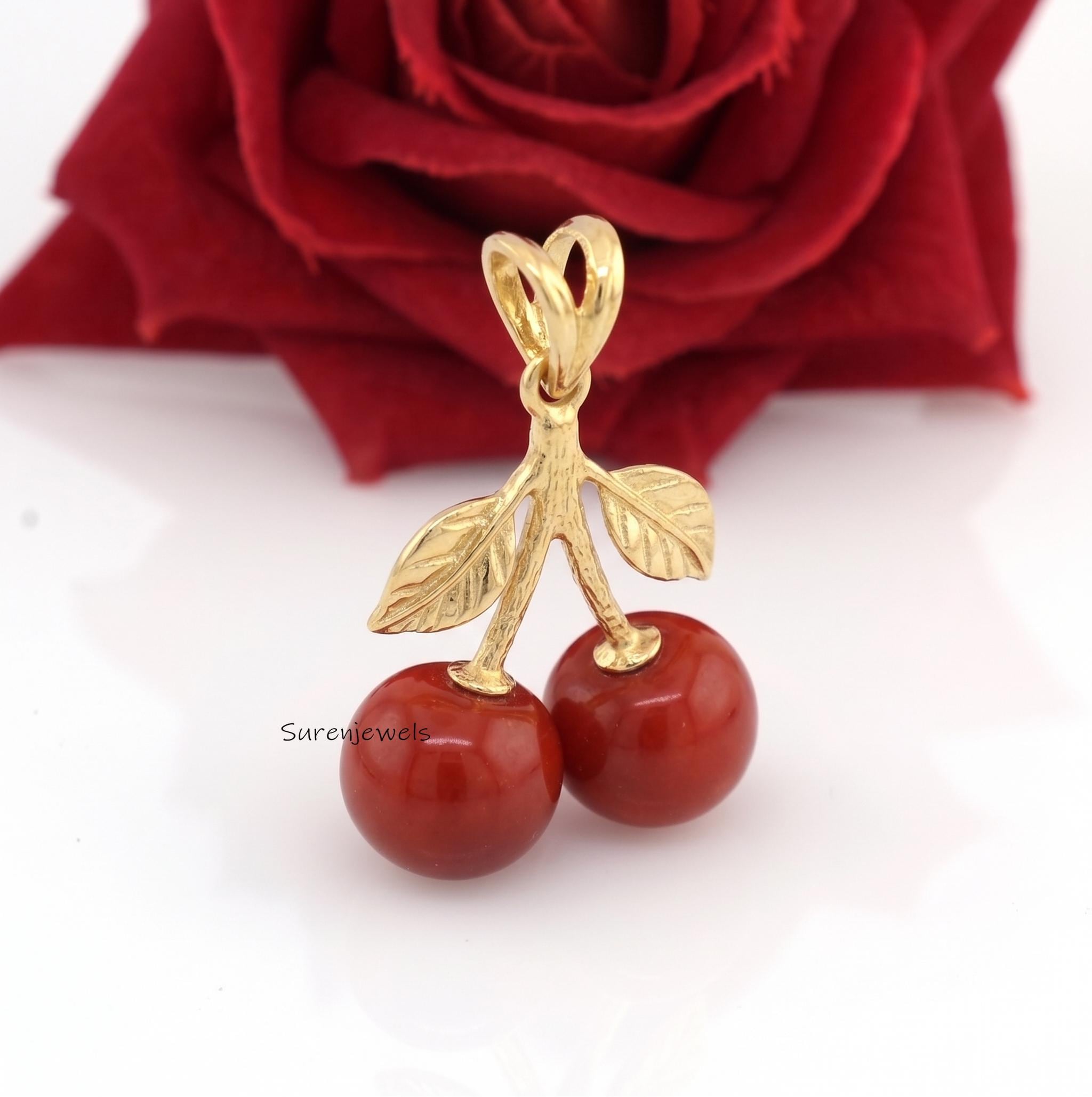 14K Gold Plated Cherry Pendant, Natural Red Carnelian Cherry Necklace, Fruit Charm Jewelry, Cute Handmade Gift for Her - View