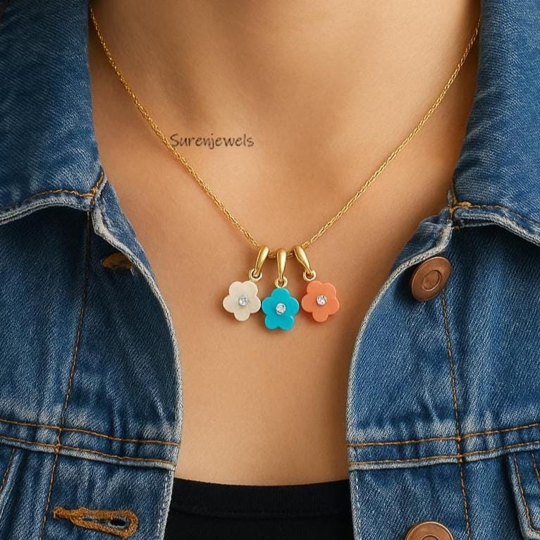 14K Gold Gemstone Flower Pendant: Carved Flower Charm - Suren Jewels | SKU: SJP