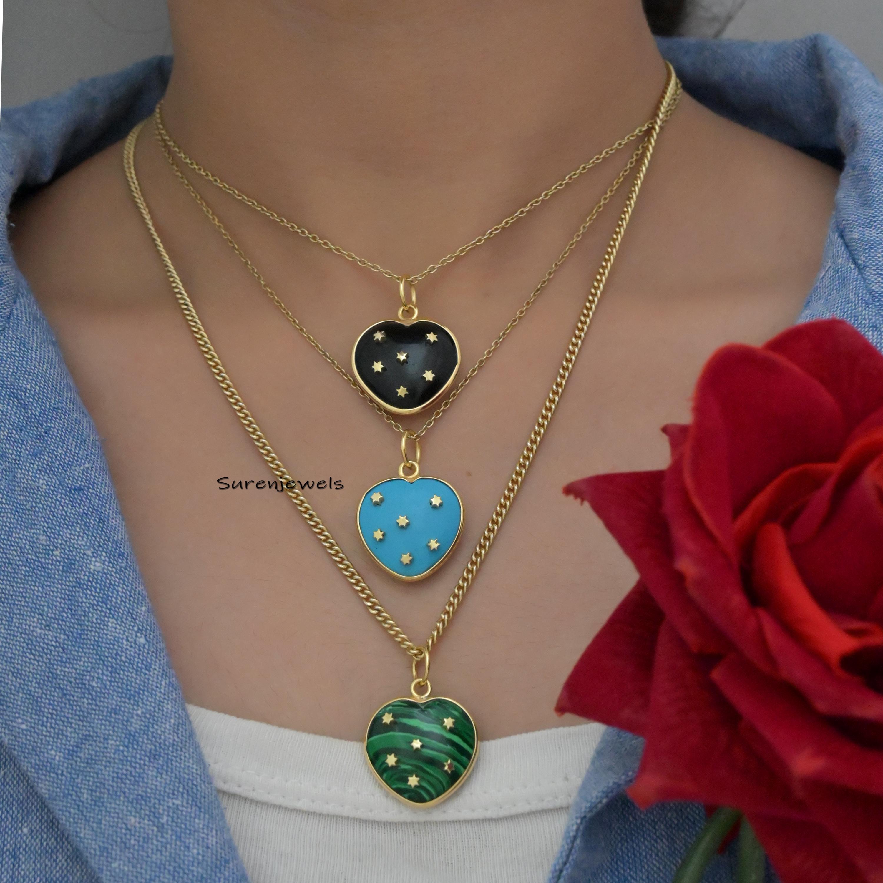 Handmade 14K Gold Gemstone Heart Pendant, Tiny Star Design - View 4 - Suren Jewels | SKU: SJP758-14KYGHT-20M