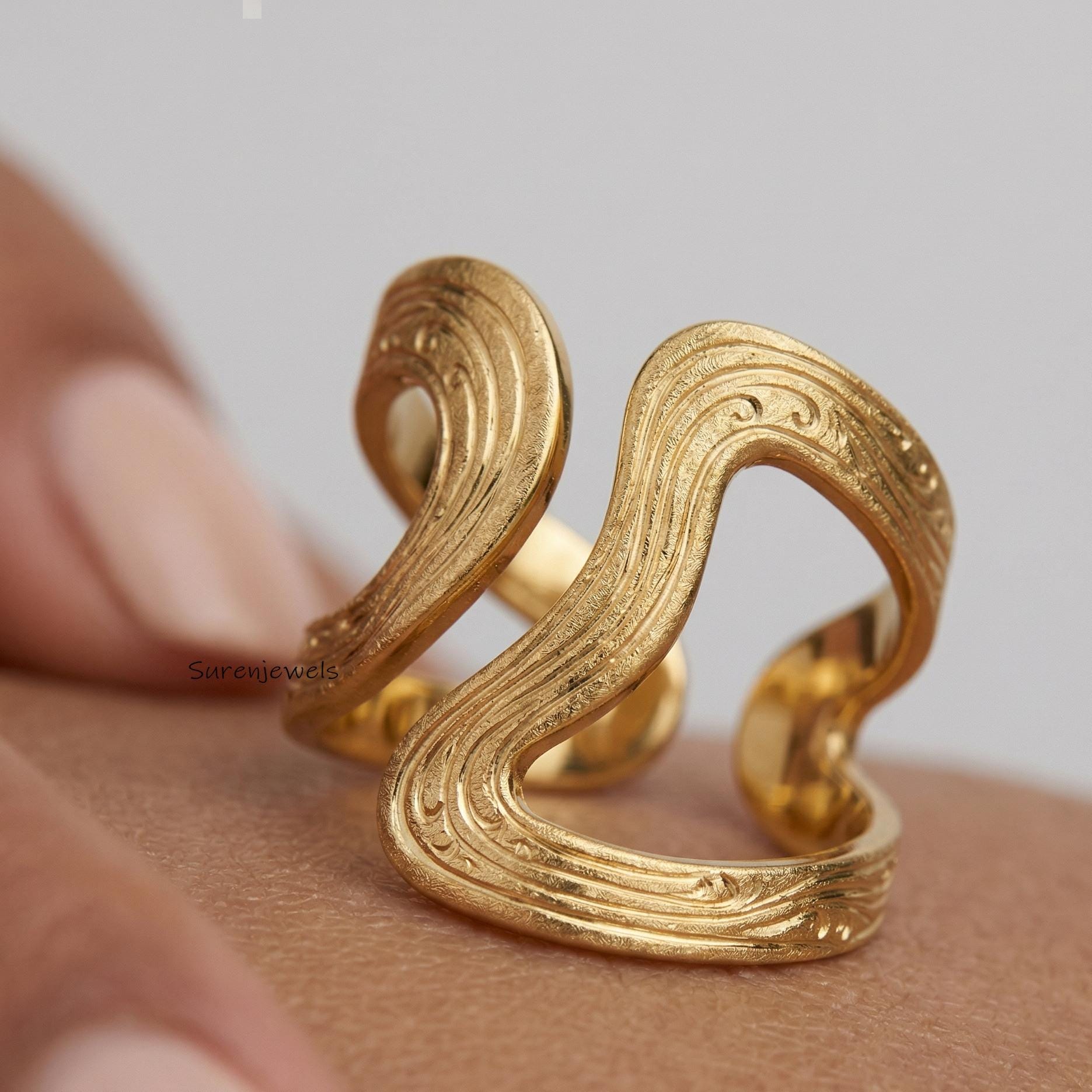 Gold Plated Wave Ring, Architectural Ring, Boho Gold Ring, Handcrafted Textured Ring, Modern Jewelry, Unique Open Band Ring -