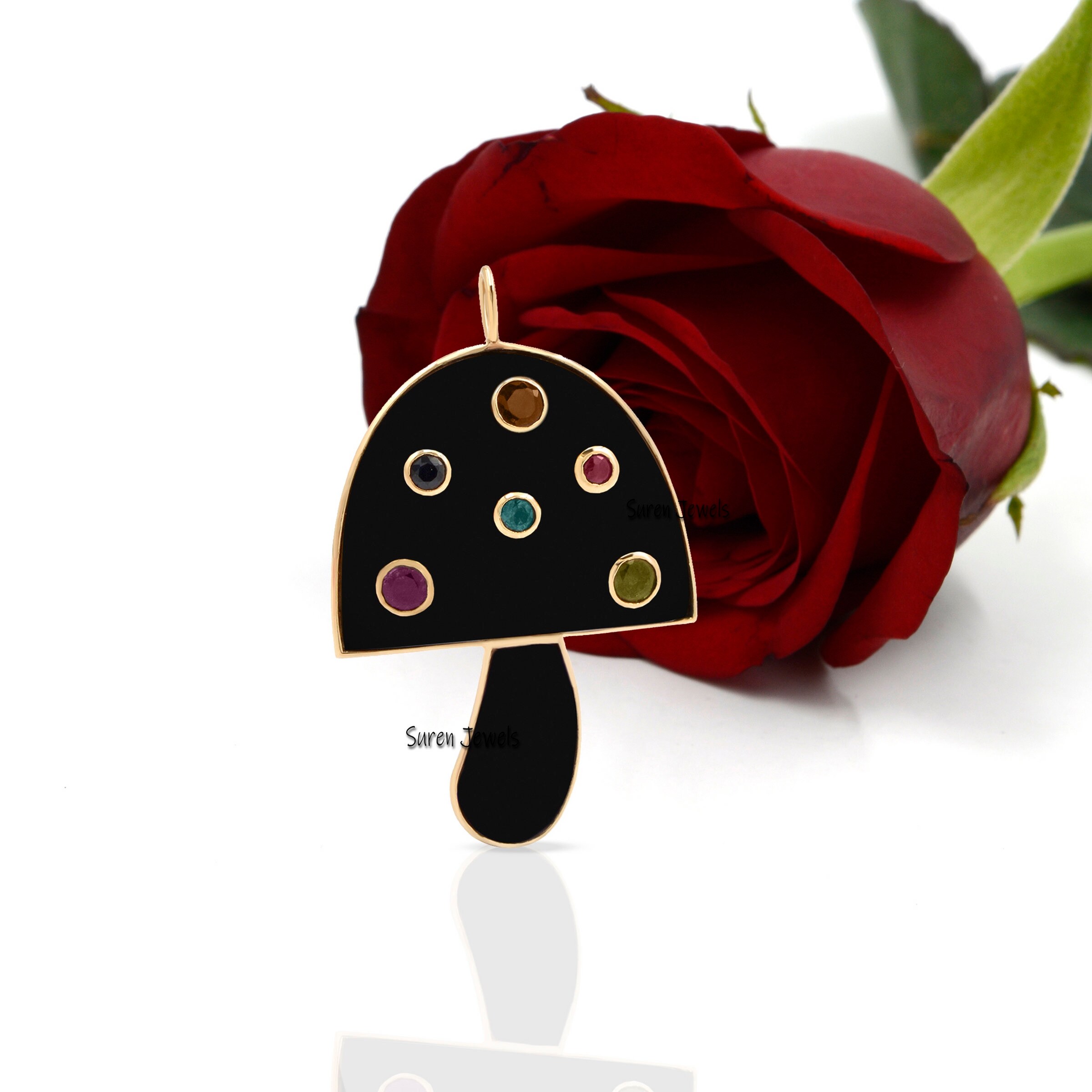 14k Gold Enamel Mushroom Pendant: Gemstone Charm (35x20 mm) - View 3 - Suren Jewels | SKU: SJM30