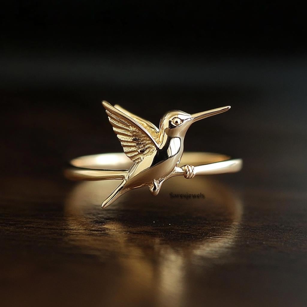 14k Gold Hummingbird Ring, Dainty Bird Ring - View 5 - Suren Jewels | SKU: SJR3150-SLRH-US-3,SJR2978-SLYG-US-7.5