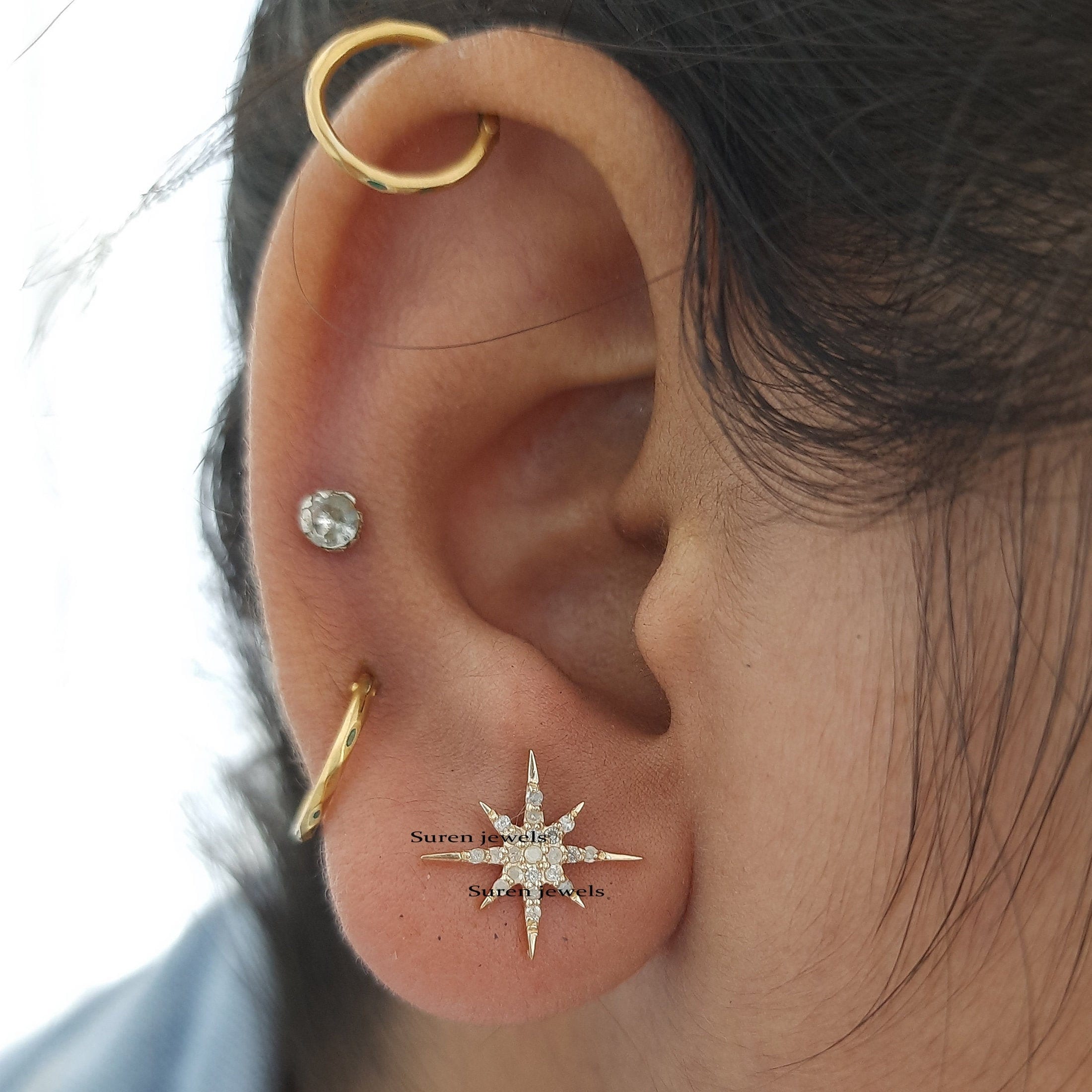 14k Gold Diamond Starburst Studs: Pave Star Earrings - View 4 - Suren Jewels | SKU: SJE325-14KYGDI