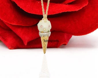 14K Gold Gemstone Ice Cream Cone Pendant: Miniature Vanilla CZ Gold Necklace