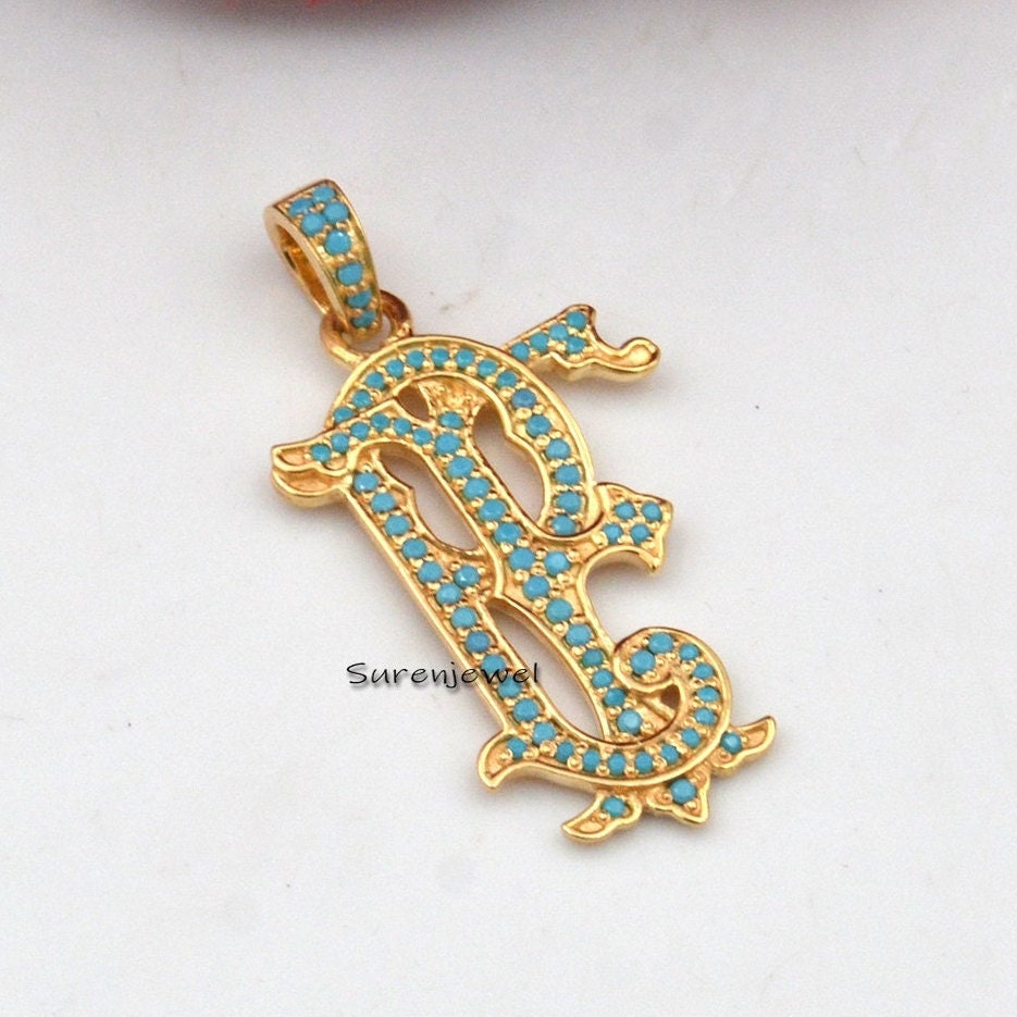 14k Gold Plated Turquoise Monogram Pendant: 925 Silver Two-Letter Jewelry - Suren Jewels | SKU: SJP540