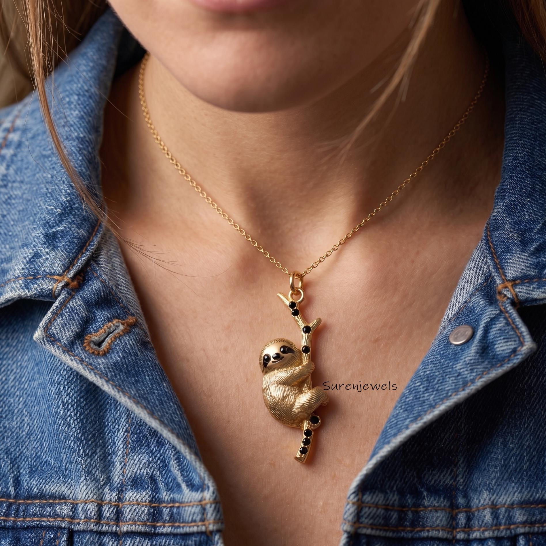 Hanging Sloth Necklace, Gold Tone Sloth on Branch Pendant, Nature Inspired Jewelry, Unique Animal Necklace, Gift for Sloth Lo