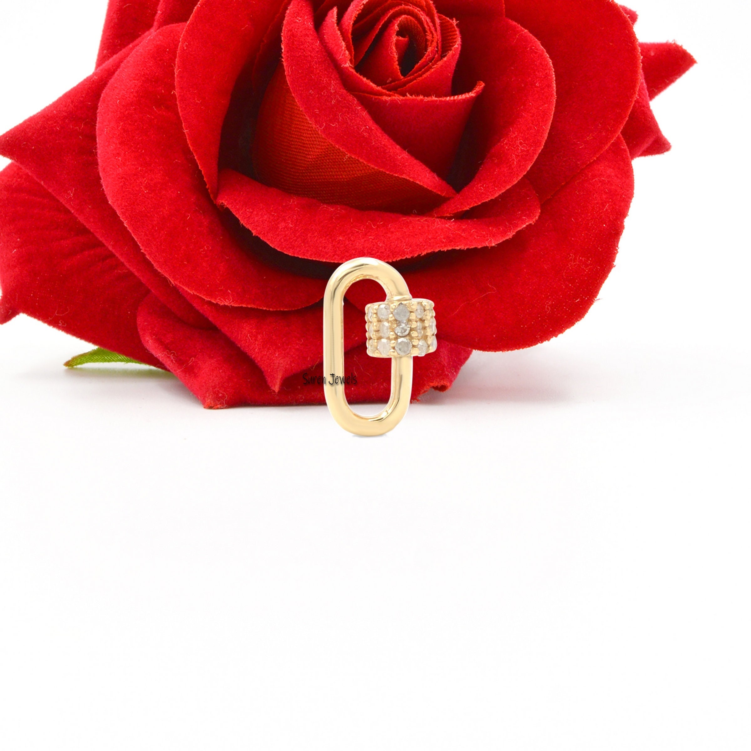 925 Silver Oval Carabiner Lock: Cubic Zircon Pave Pendant - View 2 - Suren Jewels | SKU: SJC131-SLRGCZ