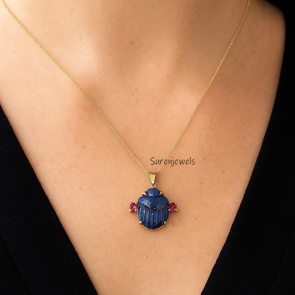 Carved Gemstone Scarab Pendant: 925 Silver Hand Carved Amulet Charm - View 2 - Suren Jewels | SKU: SJP5317-SLYGLPZRUCZ-25M