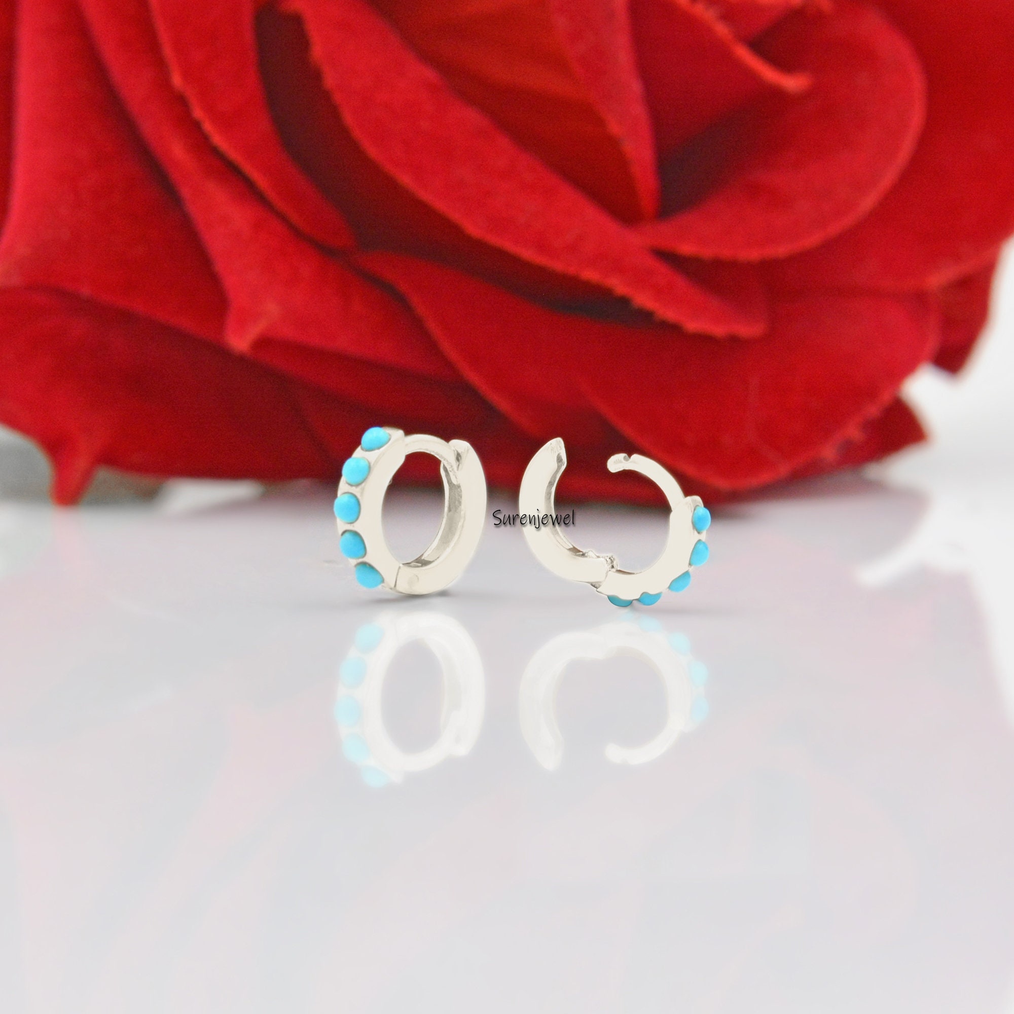 14k Solid Gold Turquoise Huggie Earrings - 10mm - View 7 - Suren Jewels | SKU: SJE933-SLNSTQ-10M