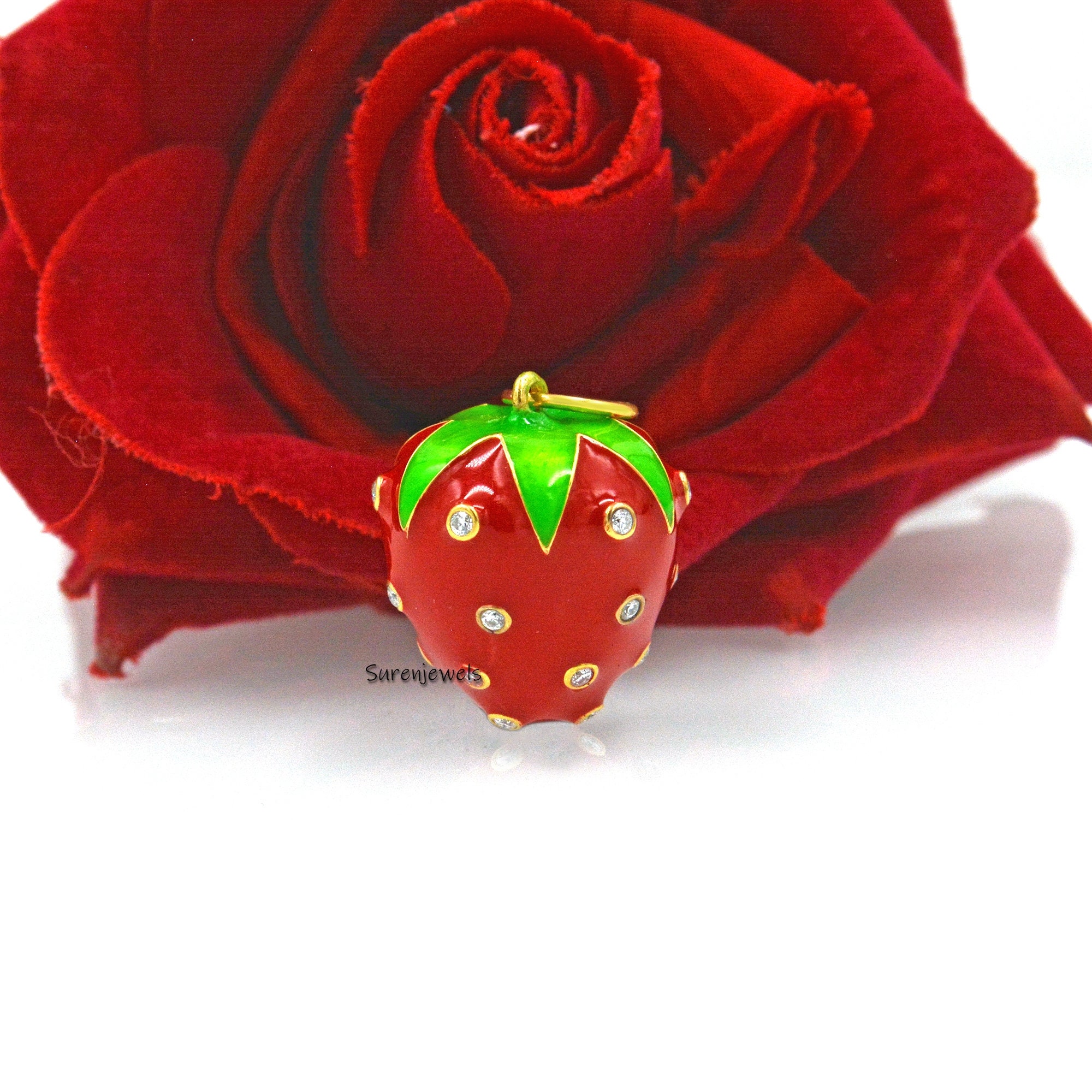 Handmade Strawberry Enamel Diamond 925 Sterling Silver Charm Pendant - View 2 - Suren Jewels | SKU: SJP1644-SLYGELRELGMN