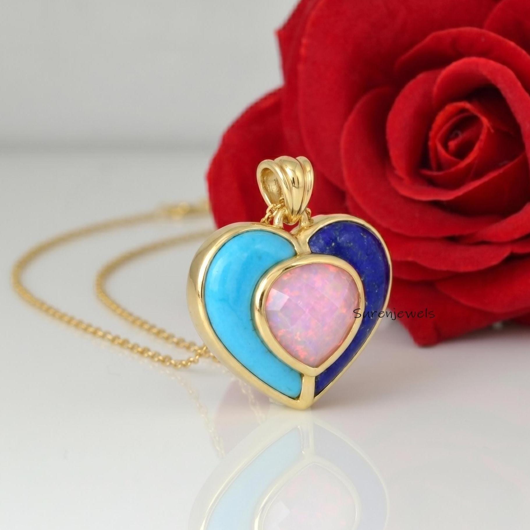 14k Gold Gemstone Heart Pendant: Designer heart Pendant, Handmade Heart Pendant - View 3 - Suren Jewels | SKU: SJP