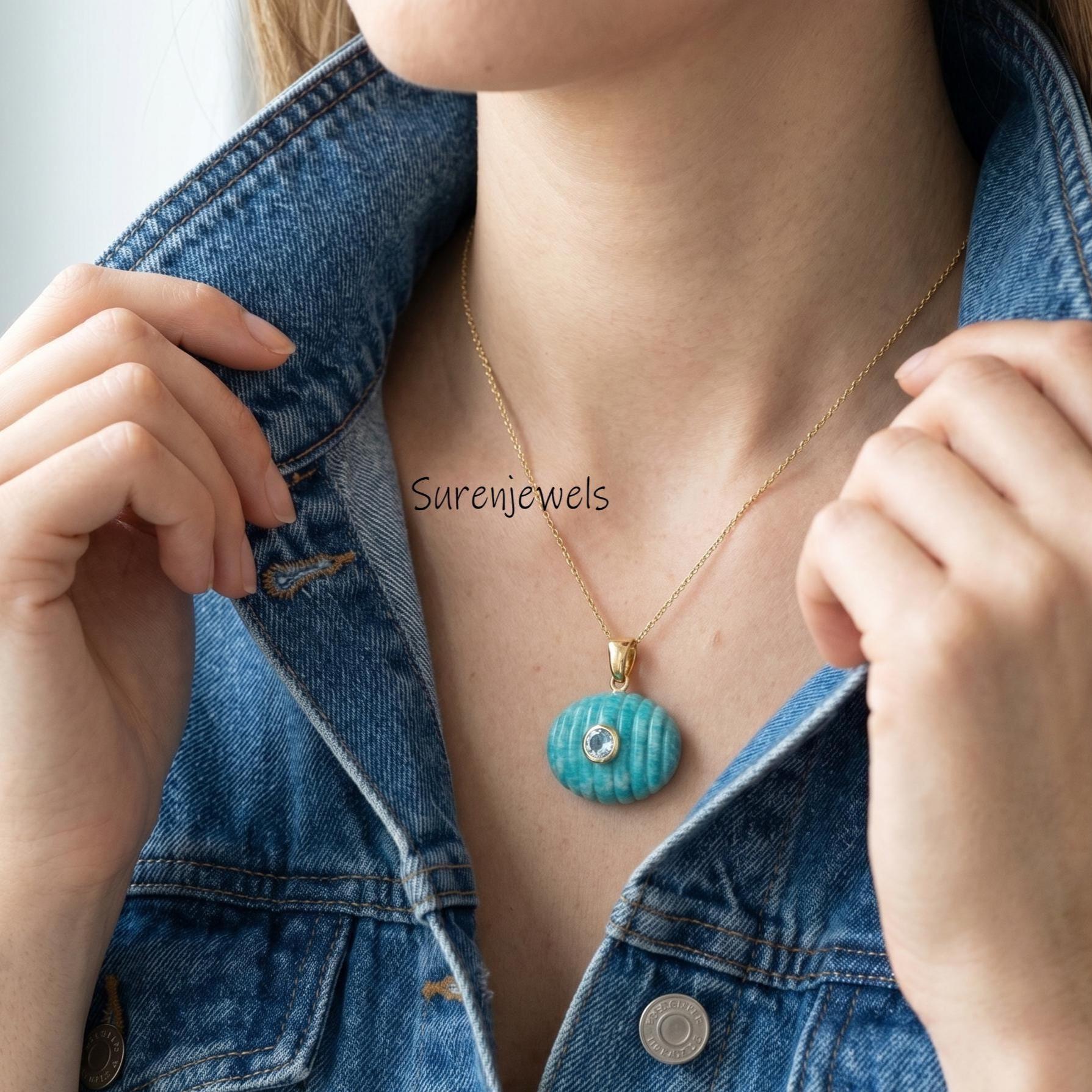 14k Gold Gemstone Oval Shape Pendant, Double Gemstone Oval Pendant, Carved Oval Shape Charm, Designer Oval Pendant - View 2 -