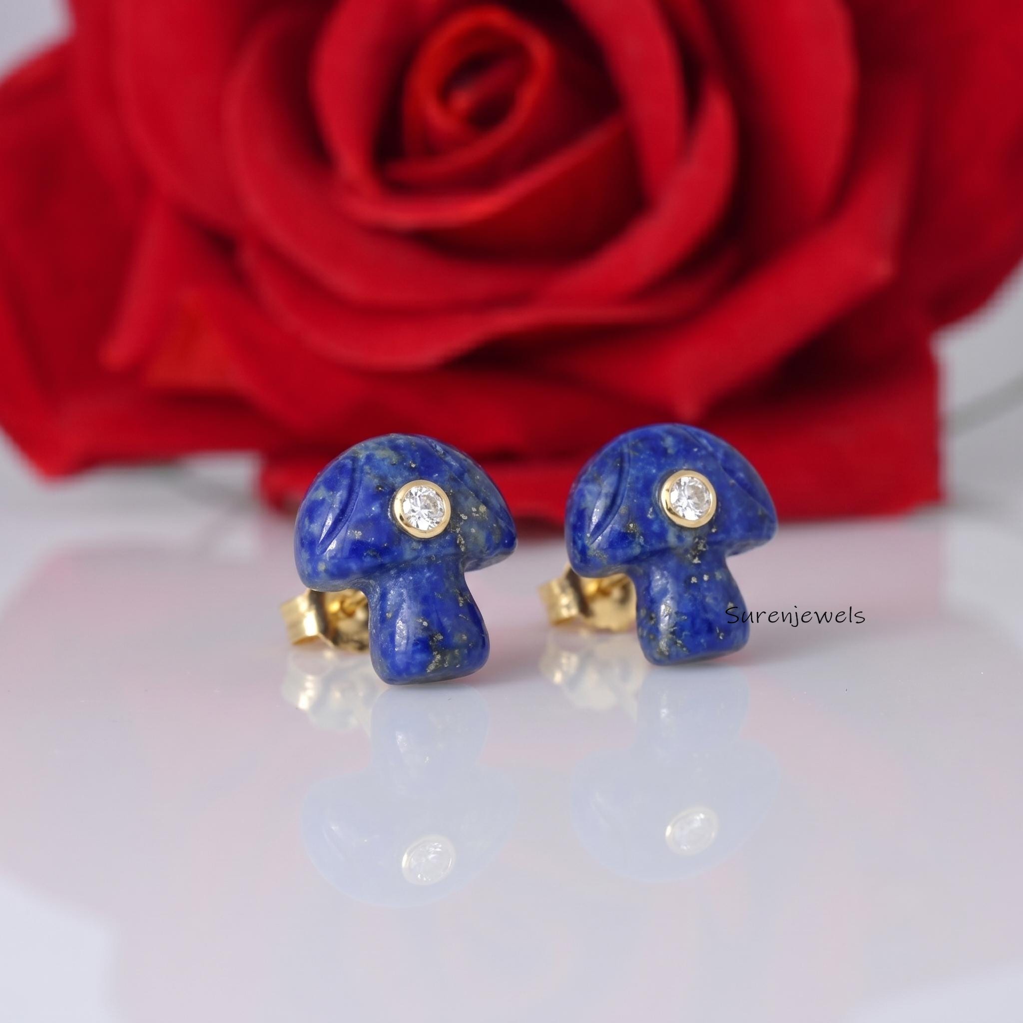 14k Gold Gemstone Mushroom Studs Earrings, Carving Magic Mushroom studs, Handmade Mushroom Stud, Designer Mushroom studs - Su