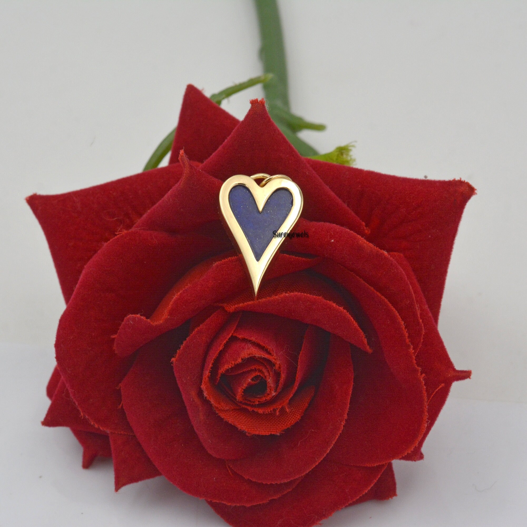 14k Gold Gemstone Heart Pendant: Lapis Lazuli, Turquoise, or Diamond - View 4 - Suren Jewels | SKU: SJP1061-9KYGDILPZ