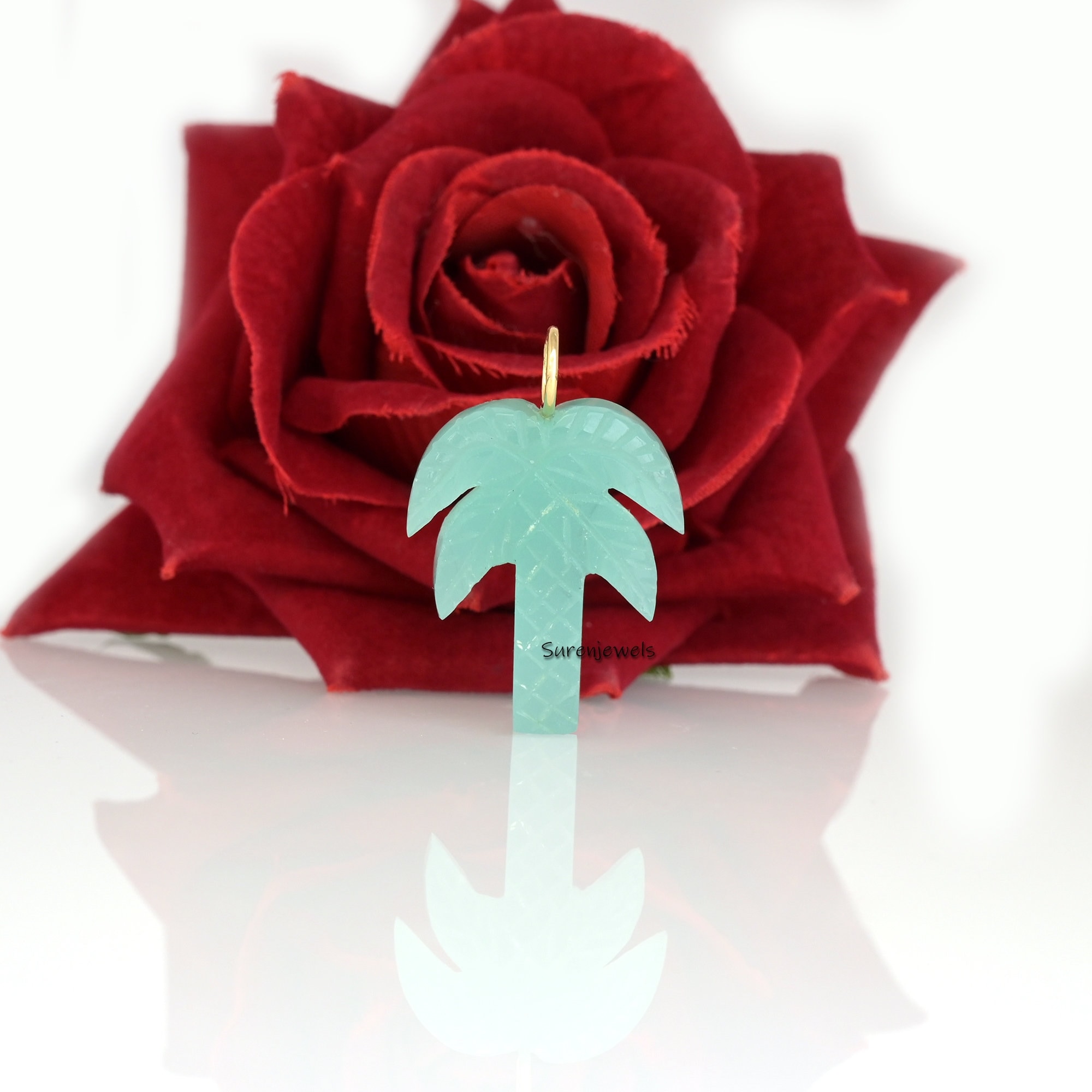 Carved Gemstone Palm Tree Pendant: Handmade 925 Silver Charm - Suren Jewels | SKU: SJP3066