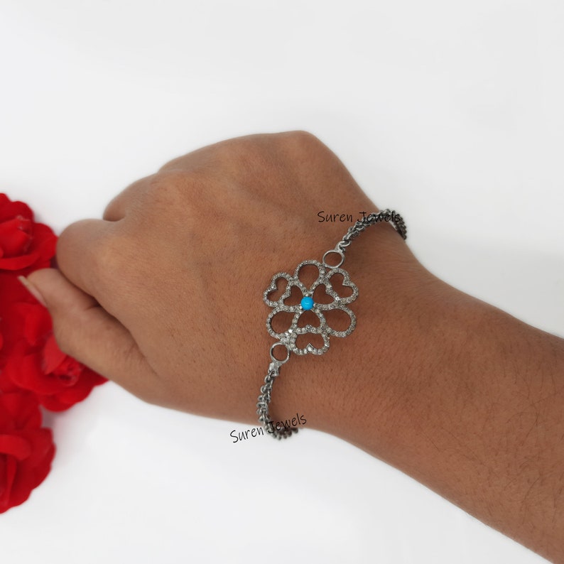 925 Silver Diamond Heart Bracelet Pave Diamond Jewelry, Handmade Oxidized Diamond Heart Bracelet Jewelry Pave Diamond Heart Bracelet