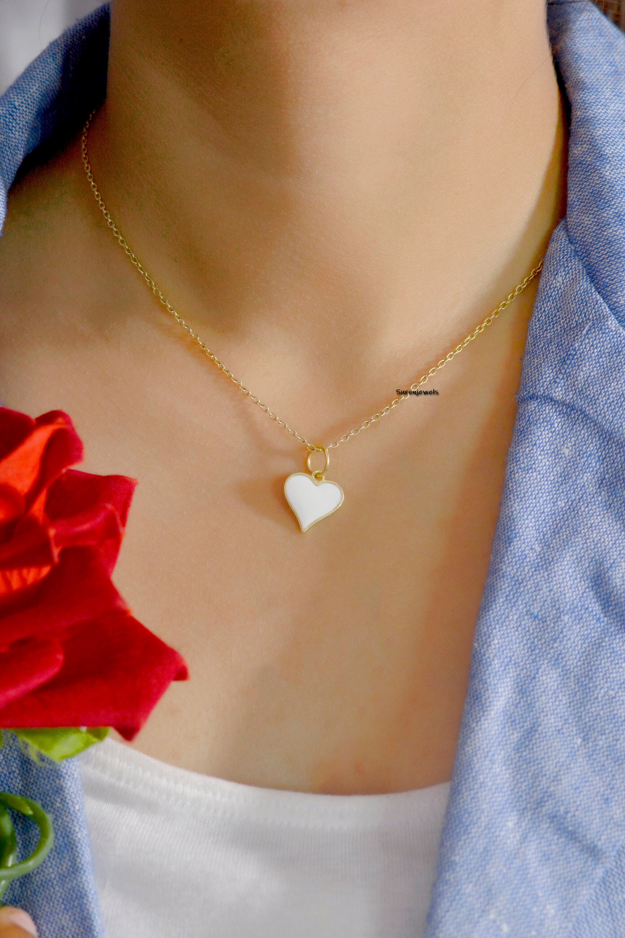 14K Gold Enamel Heart Charm Pendant - Handmade - View 2 - Suren Jewels | SKU: SJP1122-SLYGELW