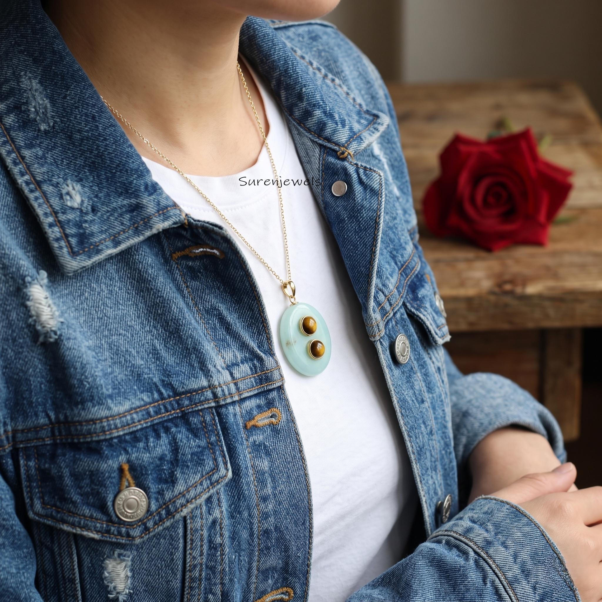 Solid 14k Gold Gemstone Oval Pendant, Double Gemstone Oval Pendant, Solid Gold Gemstone Oval Pendant, Double Gemstone Oval Sh