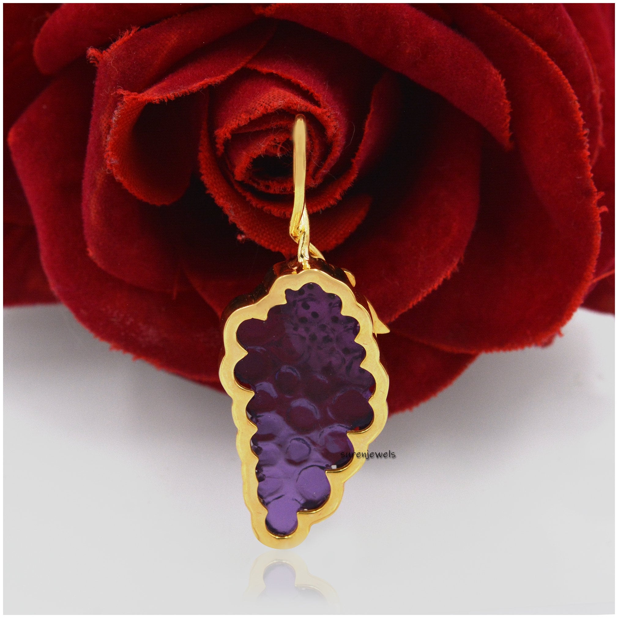 14K Gold Amethyst Grape Pendant: Handmade Gemstone Charm - View 2 - Suren Jewels | SKU: SJP1463-SLYGAMGCZ