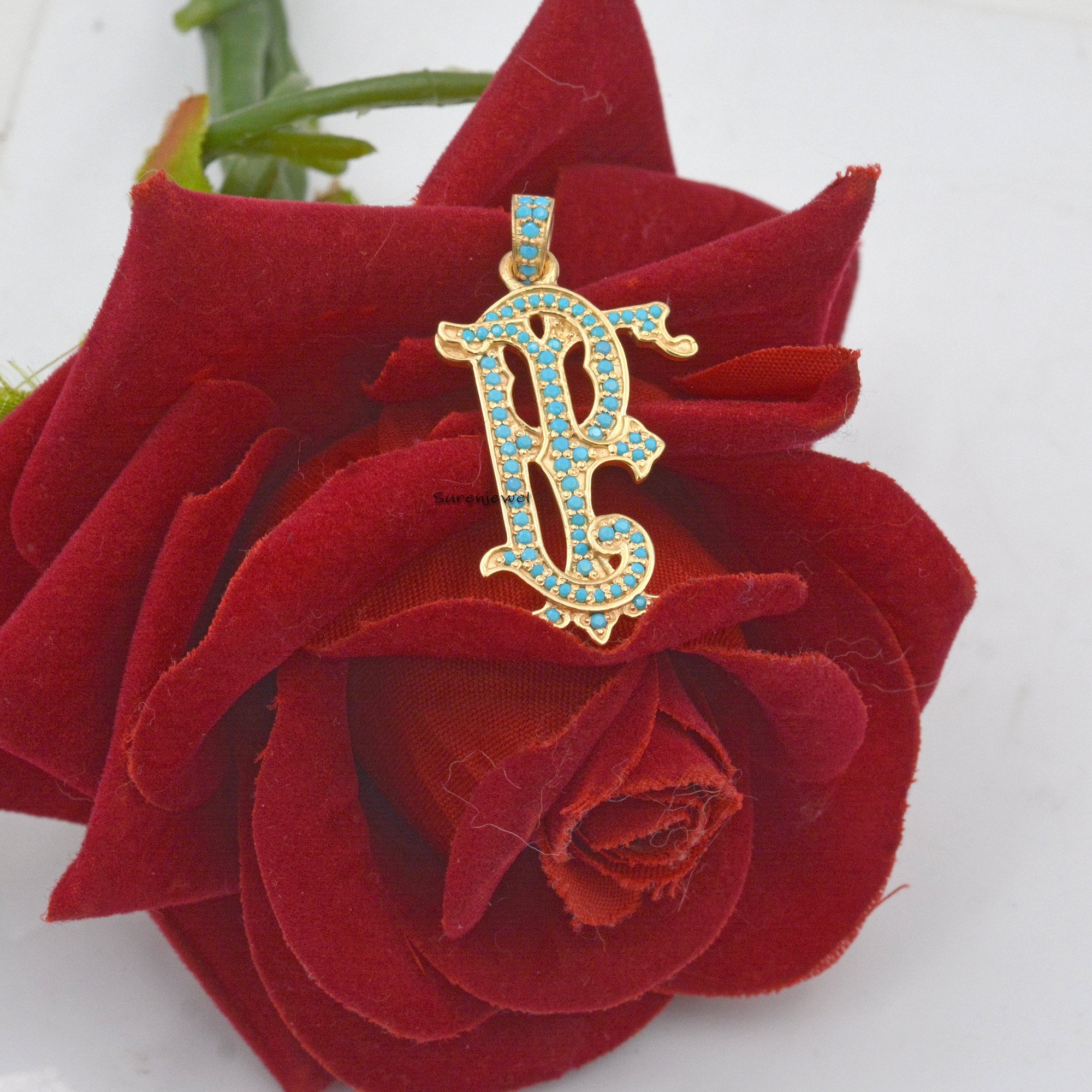 14k Gold Plated Turquoise Monogram Pendant: 925 Silver Two-Letter Jewelry - View 2 - Suren Jewels | SKU: SJP540