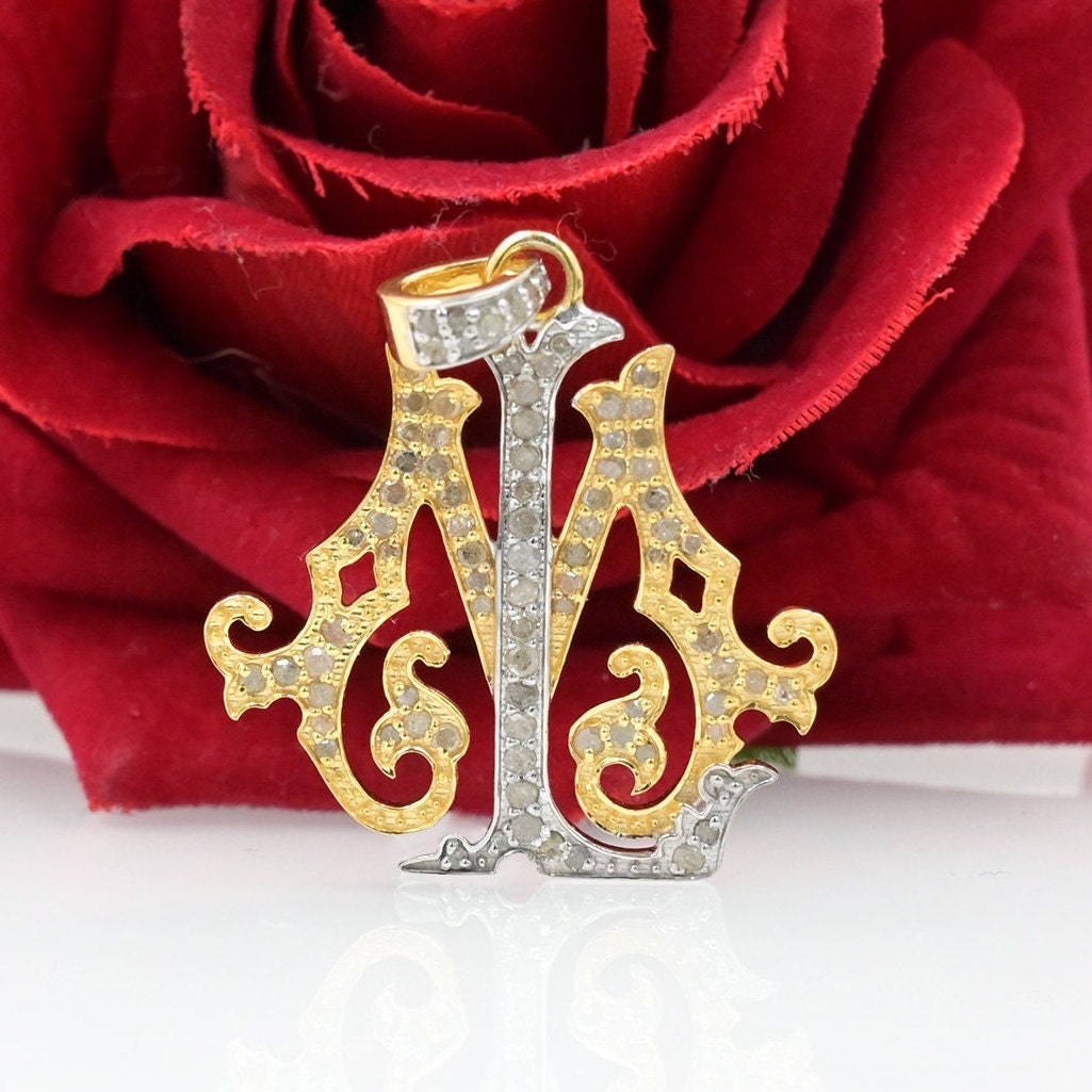 Diamond Monogram Pendant: Two-Tone 925 Silver Pave Initial - View 2 - Suren Jewels | SKU: SJP540-SLYGWGDI-SW