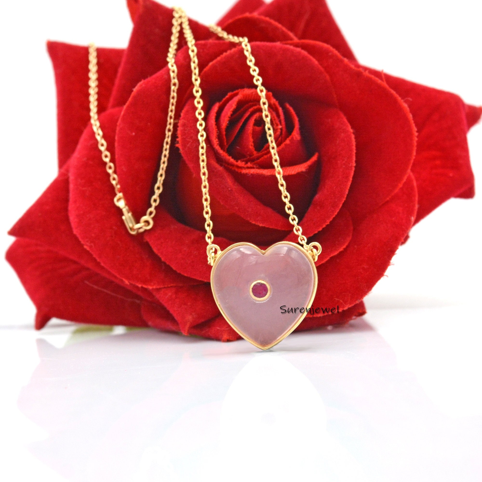 14k Gold Rose Quartz Heart Pendant Necklace: Gemstone Jewelry - Suren Jewels | SKU: SJN495-SLYGPQPTL-161